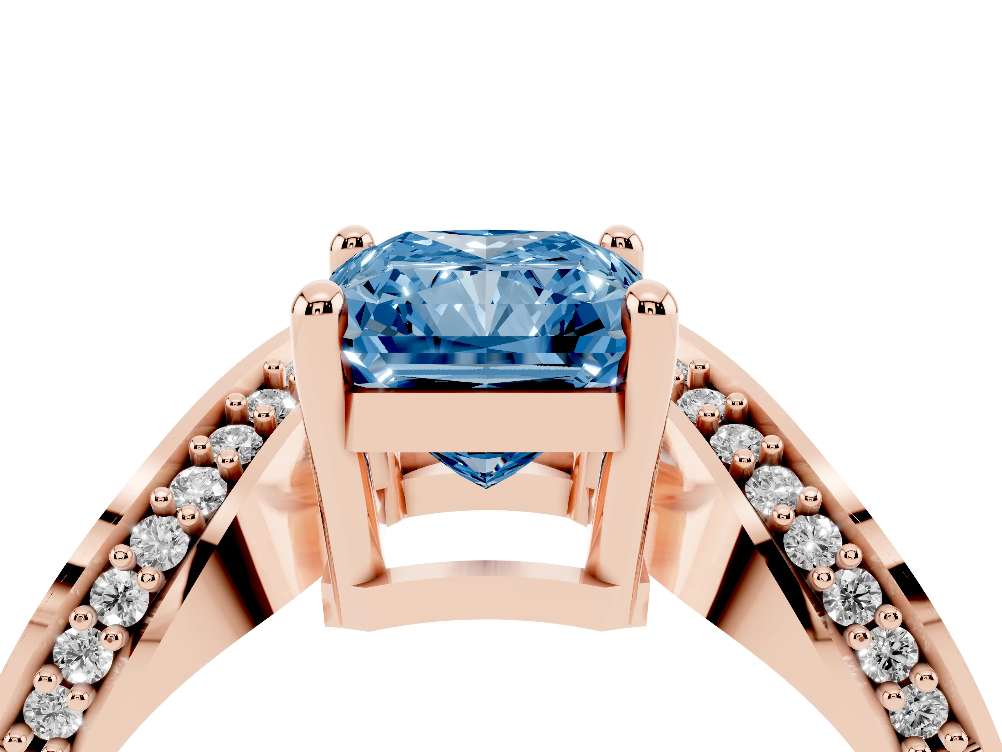 Fancy Blue Radiant Cut Diamond Solitaire Engagement Ring Set in Rose gold with Pavé Shoulders