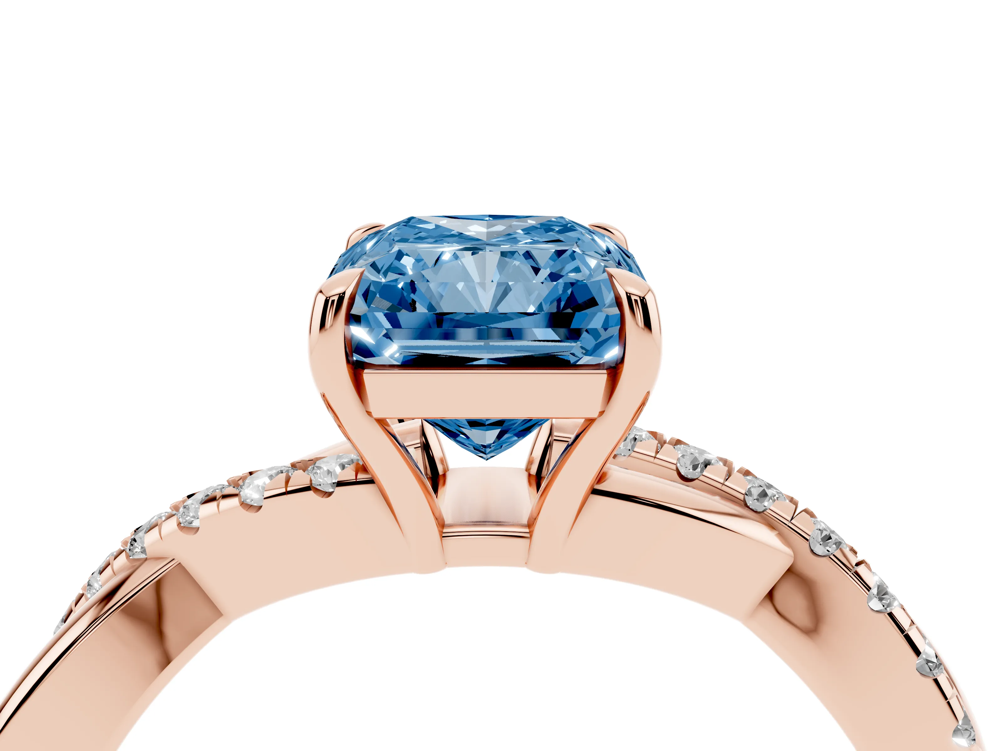 Fancy Blue Radiant Cut Diamond Twisted Pavé Band Ring Set in Rose gold with Prong Setting