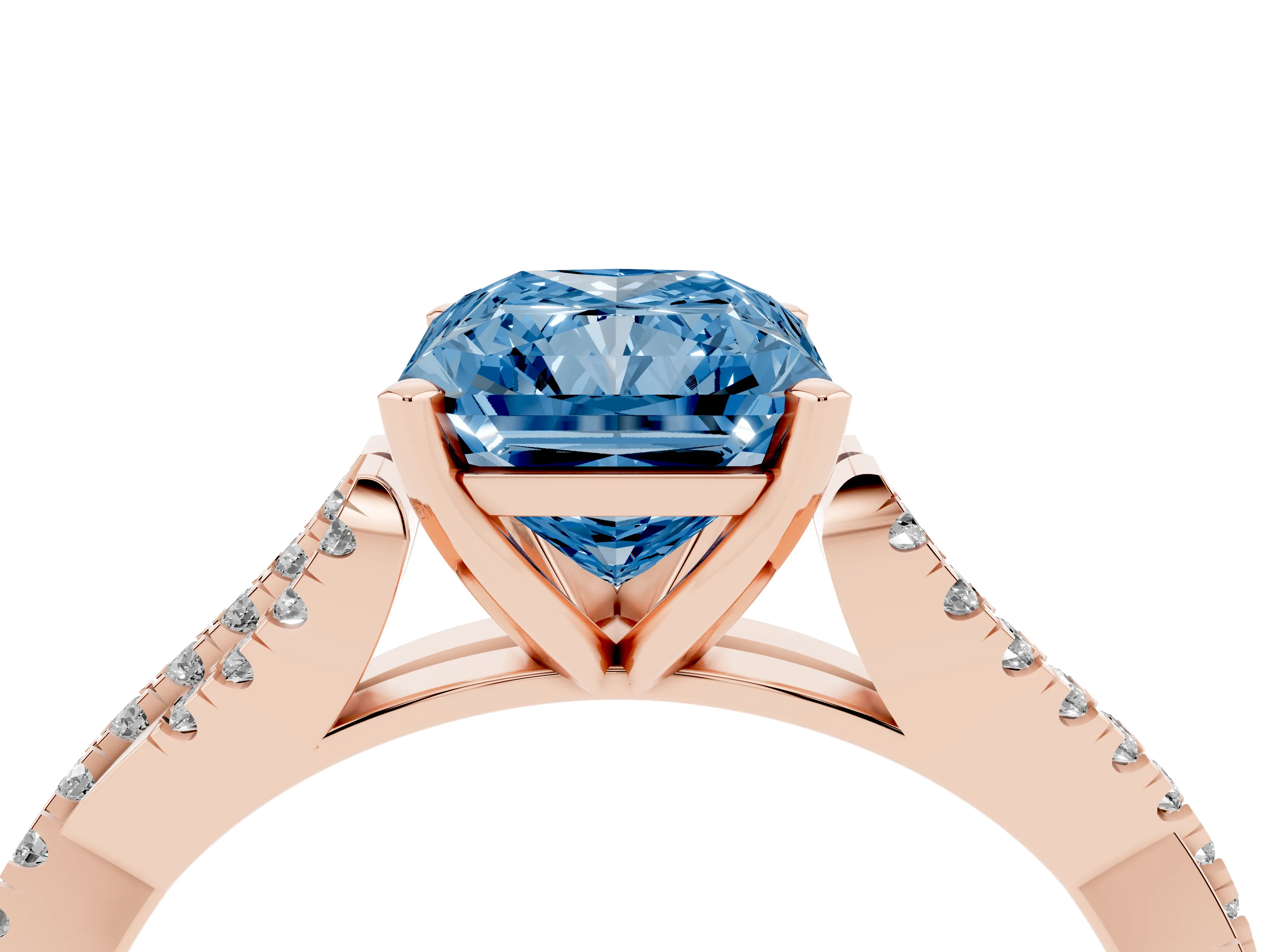 Fancy Blue Radiant Cut Diamond Solitaire Engagement Ring Set in Rose gold with Twisted Pavé Band and Prong Setting