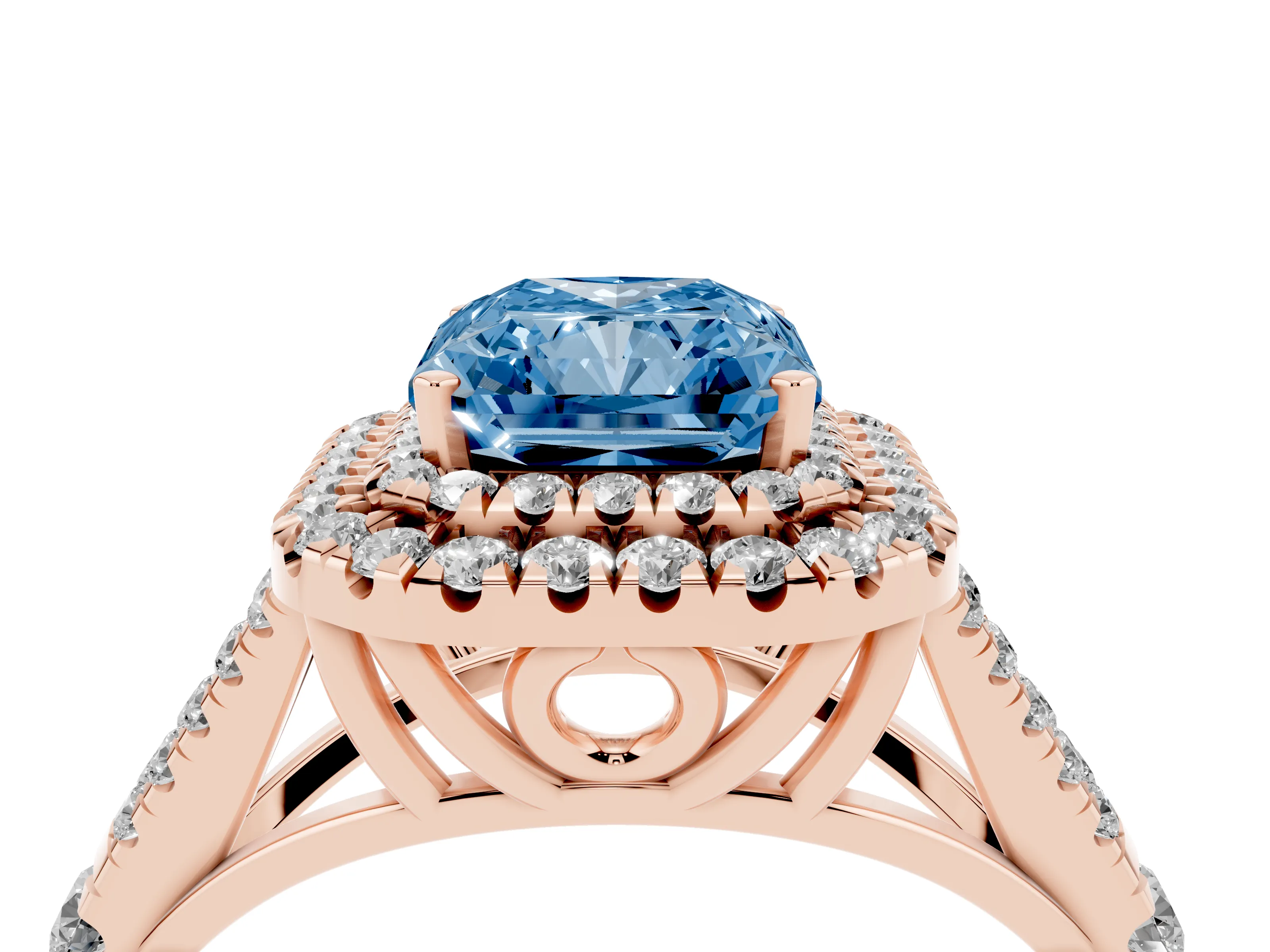 Fancy Blue Radiant Cut Diamond Pavé Split Shank Double Halo Engagement Ring Set in Rose gold