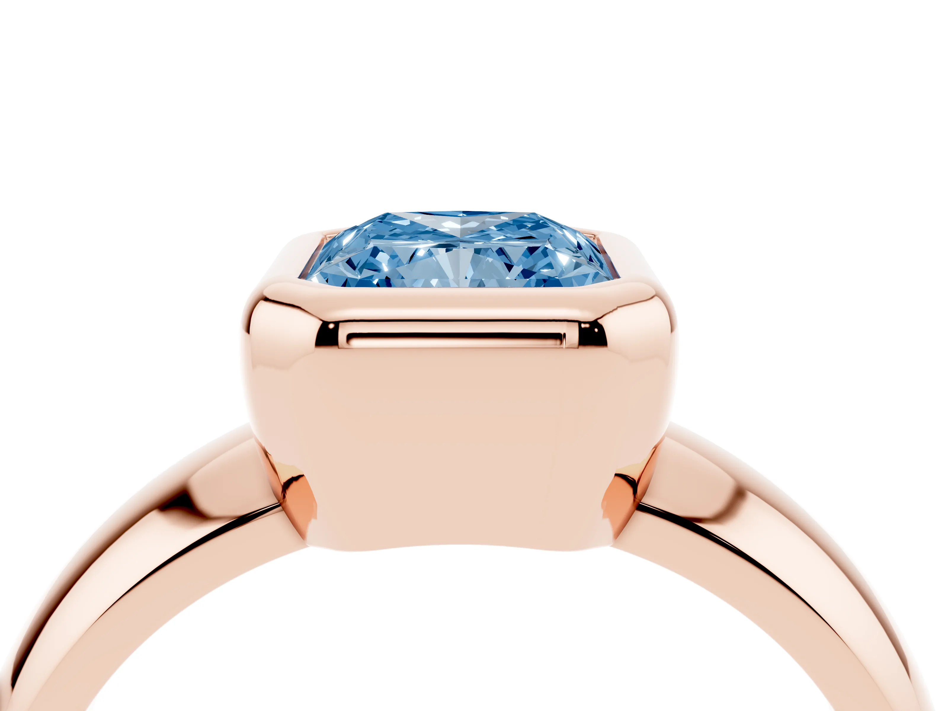 Fancy Blue Bezel Set Radiant Cut Diamond Solitaire Ring Set in Rose gold with Wide Band