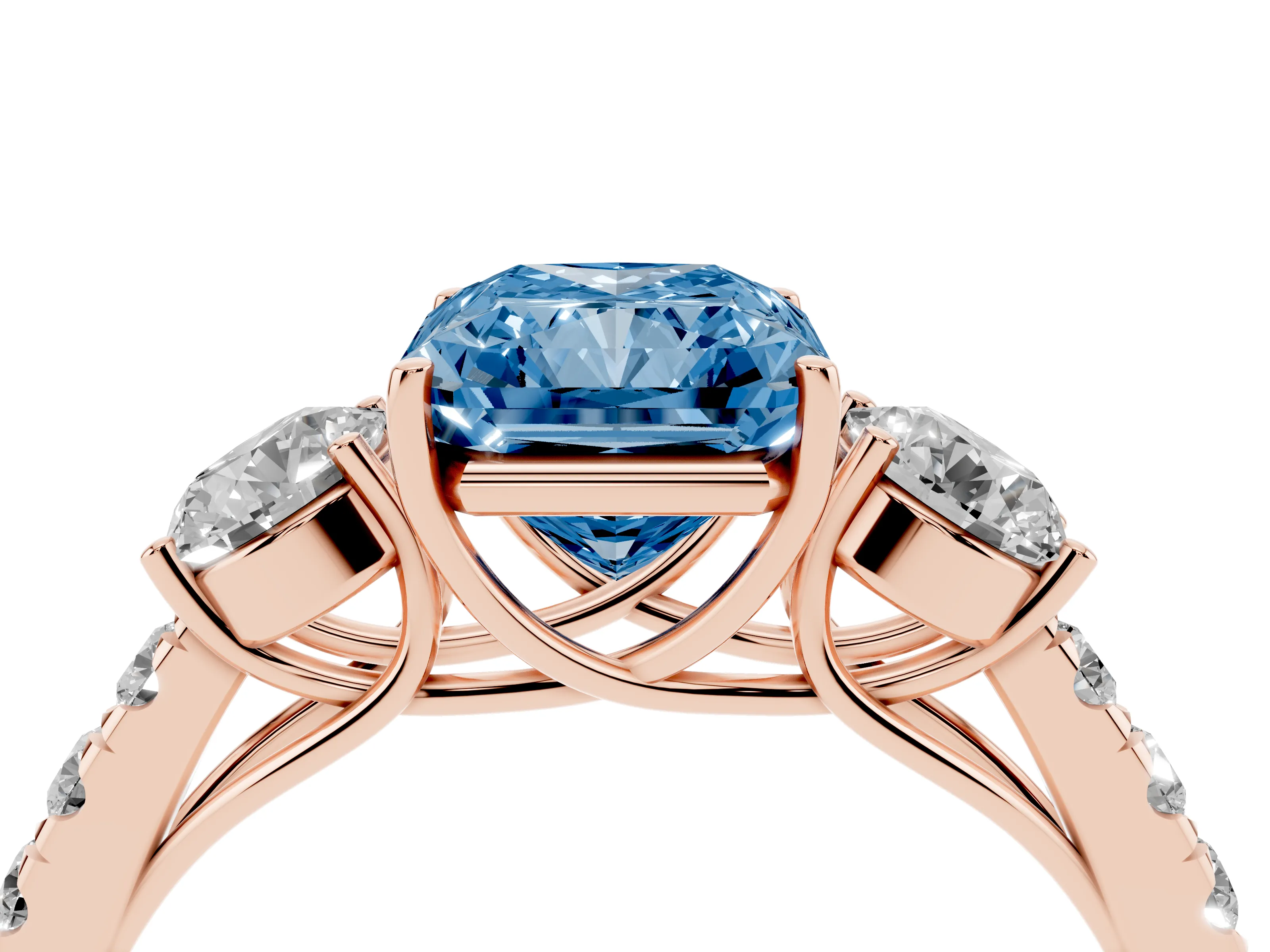 Fancy Blue Radiant Cut Diamond Three-Stone Ring Set in Rose gold with Round Side Stones and Delicate Pavé Band