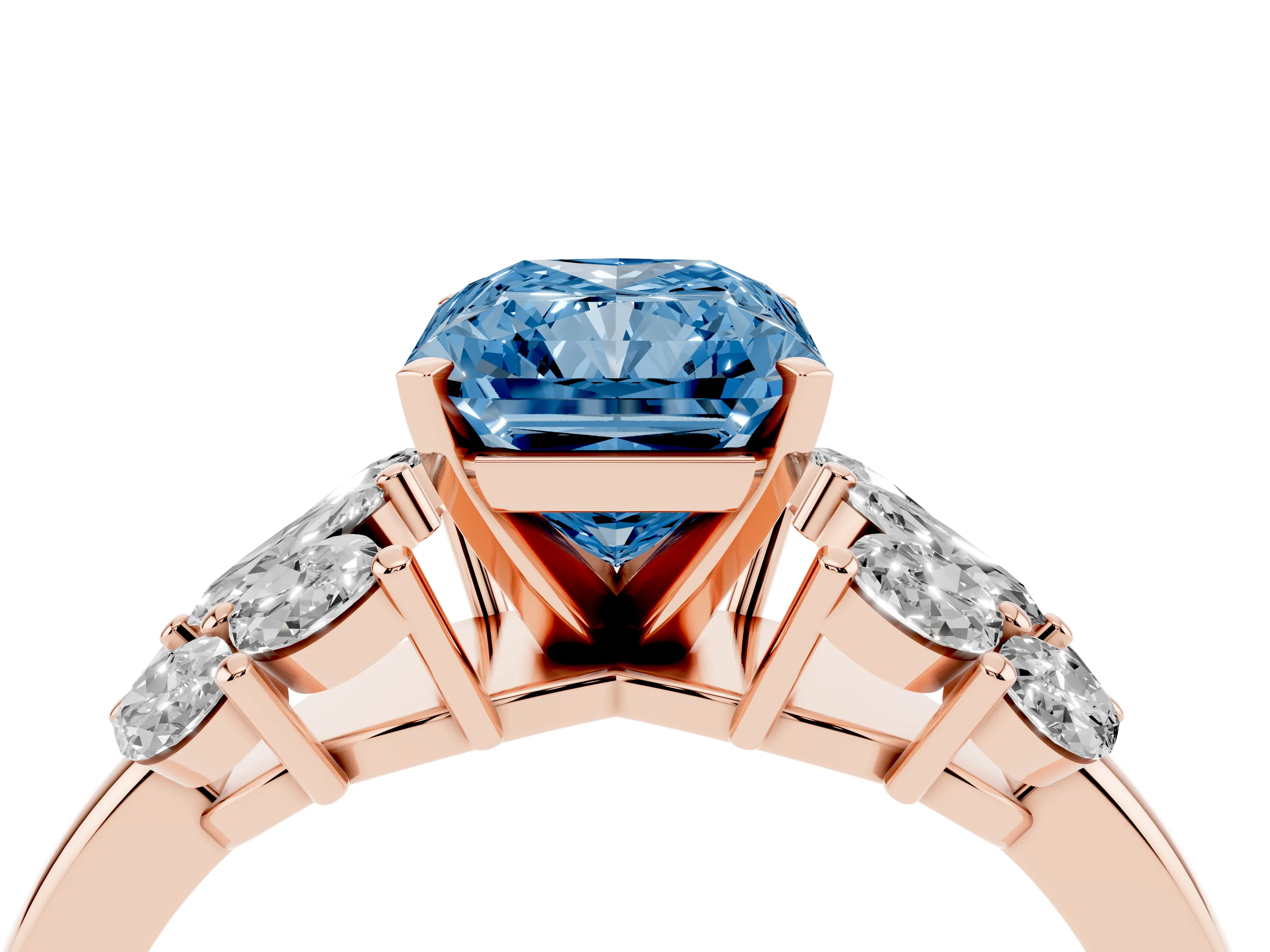 Fancy Blue Radiant Cut Diamond Cluster Leaf Design Ring Set in Rose gold with Prong Setting