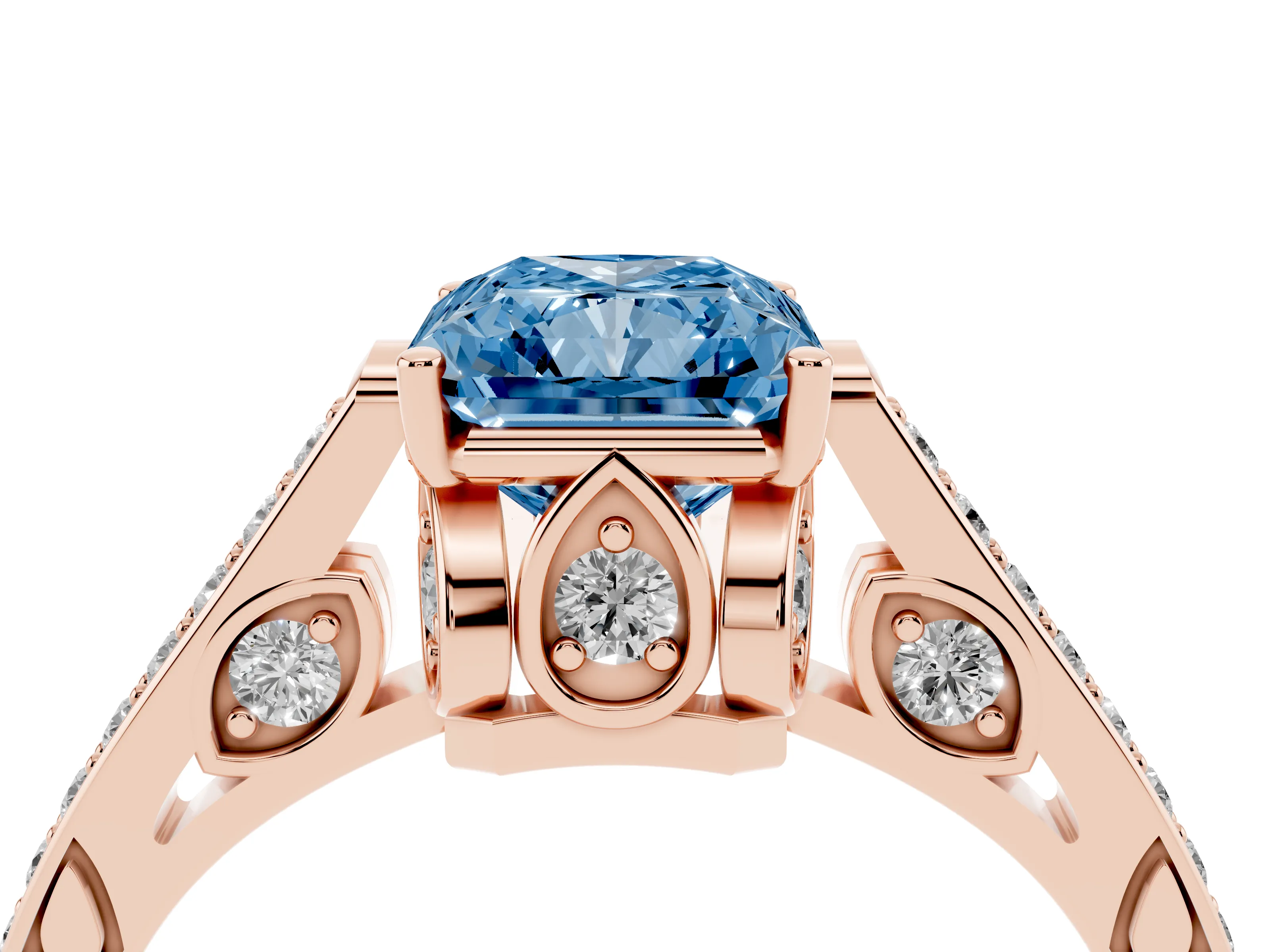 Fancy Blue Radiant Cut Diamond Cathedral Pavé Engagement Ring Set in Rose gold with Prong Setting