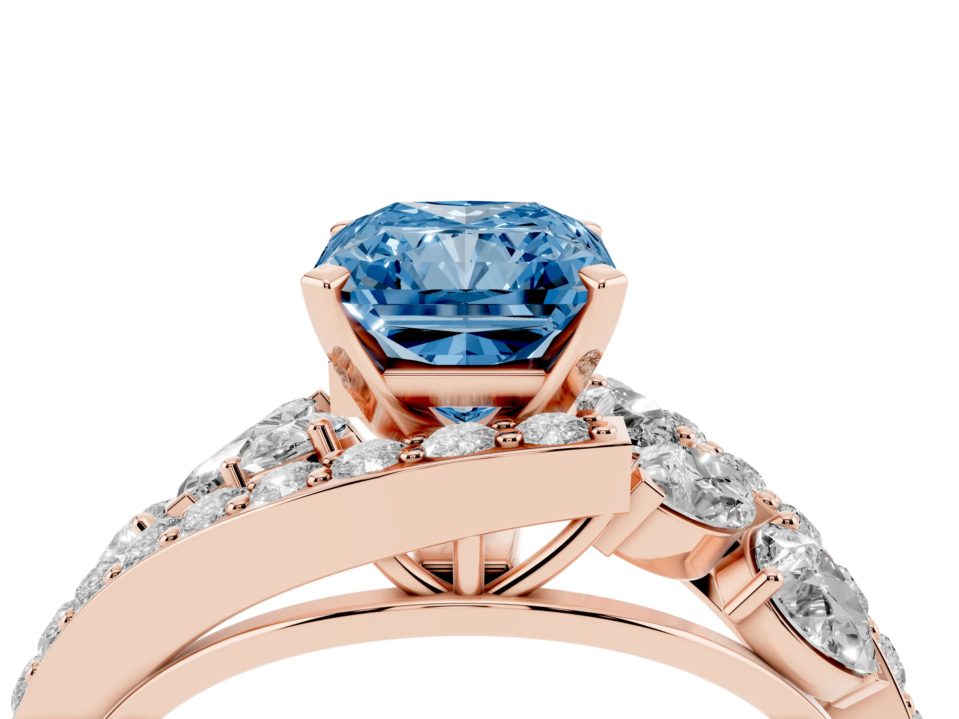 Fancy Blue Radiant Cut Diamond Halo Ring Set in Rose gold with Marquise and Pavé Band in Prong Setting