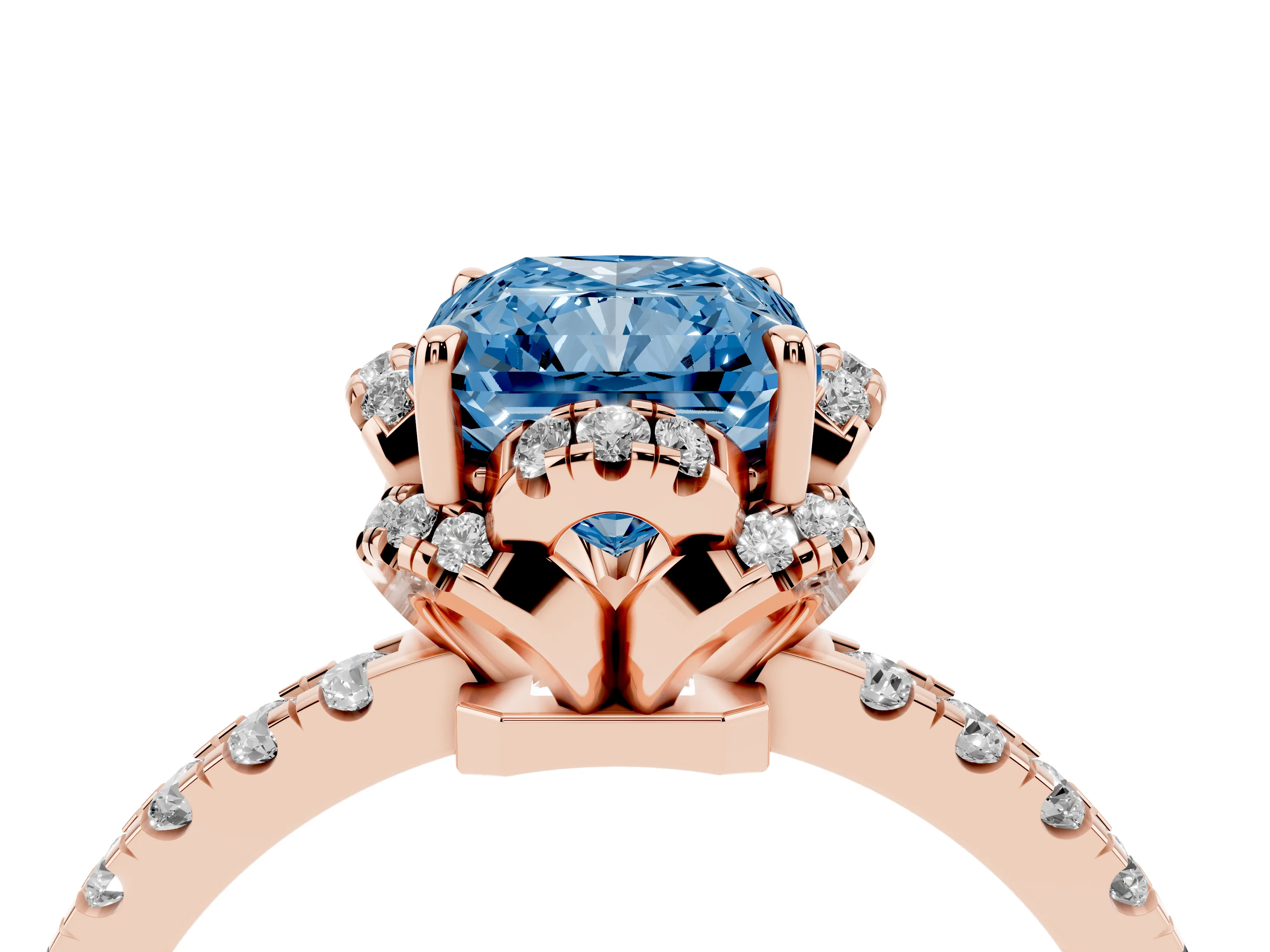 Fancy Blue Radiant Cut Diamond Halo Pavé Band Ring Set in Rose gold with Prong-Held Center