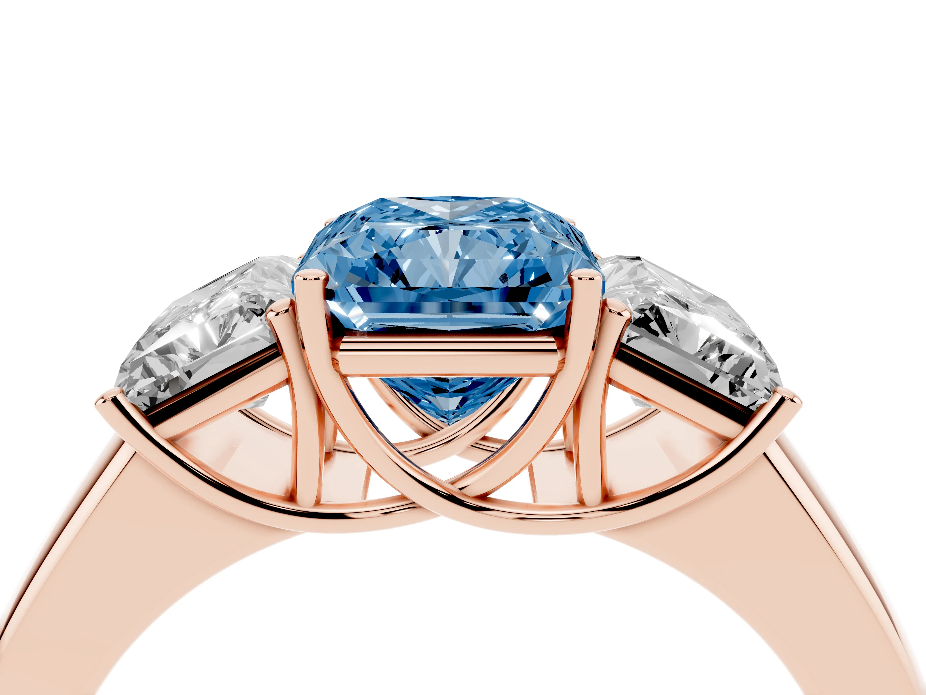 Fancy Blue Three-Stone Radiant Cut Diamond Ring Set in Rose gold with Matching Prong Settings and Plain Band