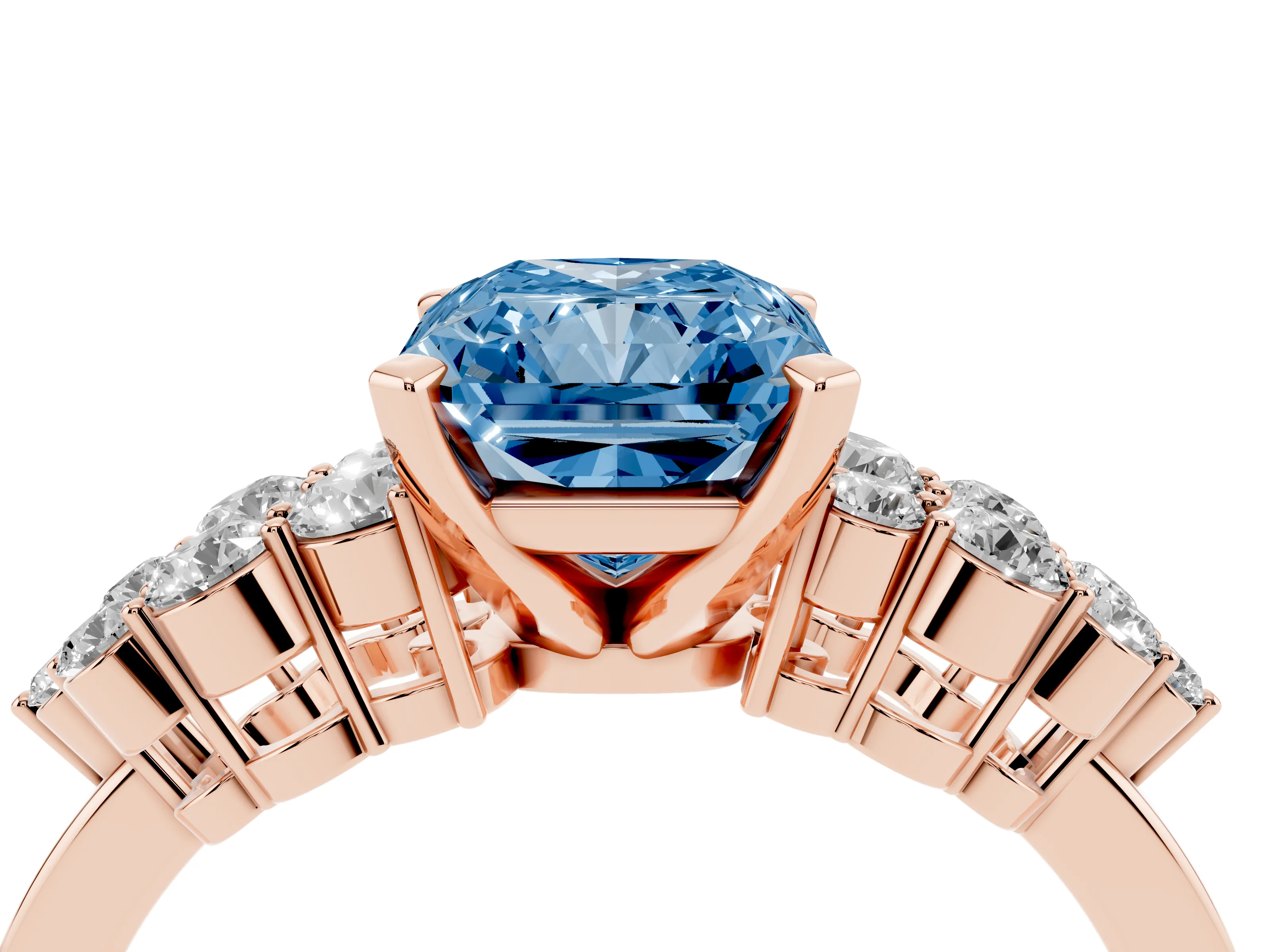 Fancy Blue Radiant Cut Diamond Cluster Engagement Ring Set in Rose gold with Pavé Band and Prong Setting