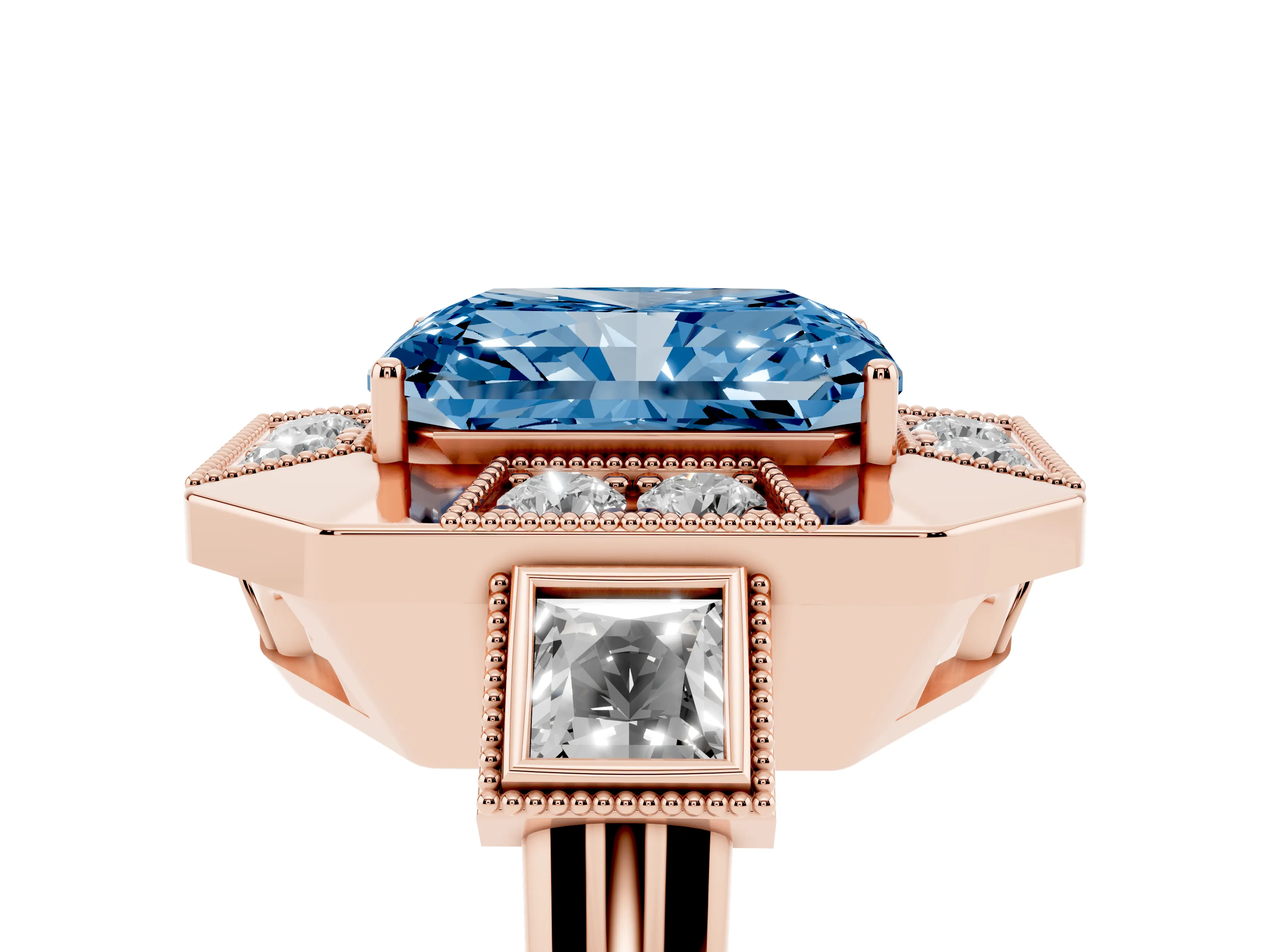 Fancy Blue Radiant Cut Diamond Milgrain Halo Ring Set in Rose gold with Split Shank