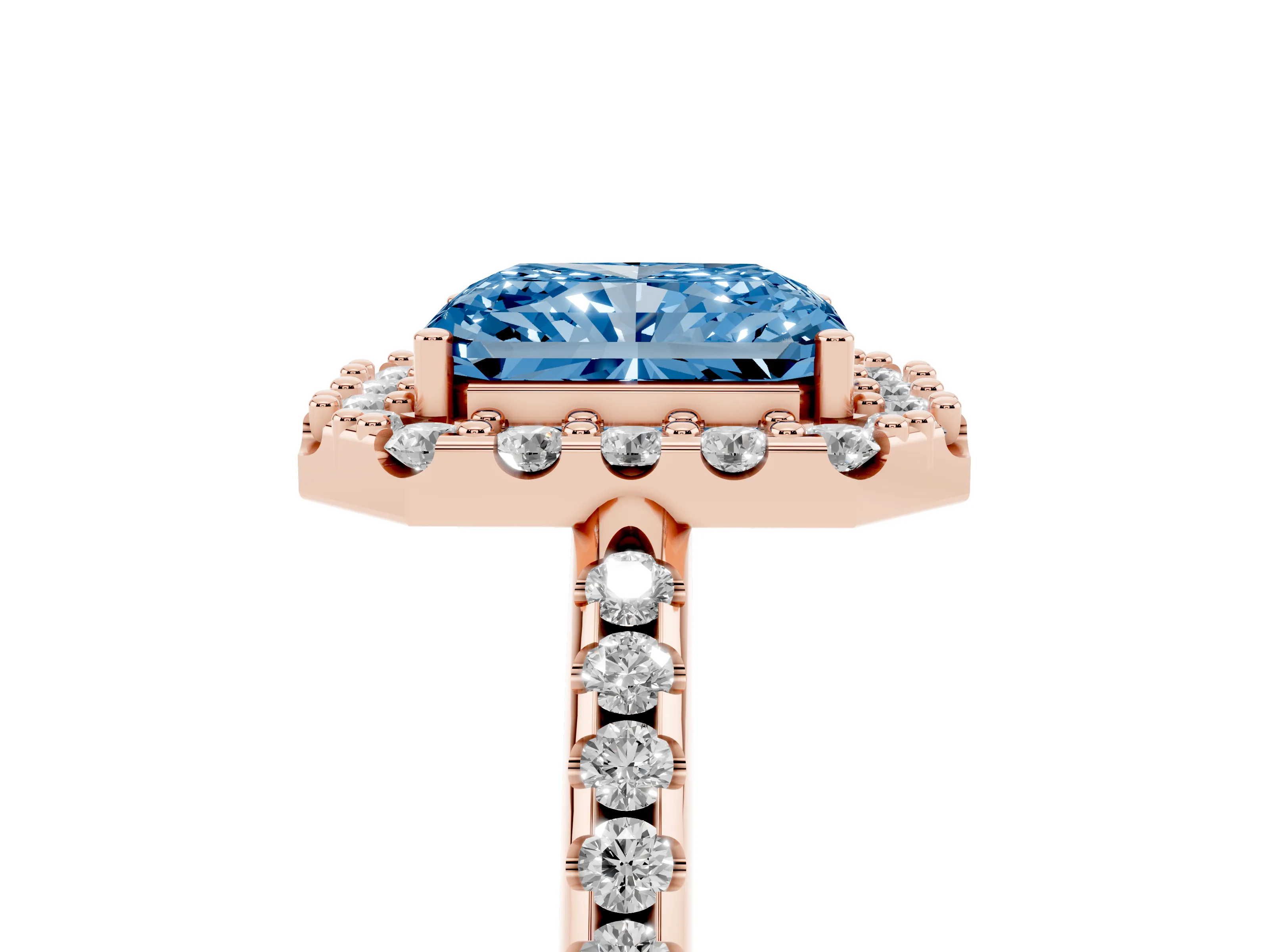 Fancy Blue Radiant Cut Diamond Pavé Halo Ring Set in Rose gold with Prong Setting