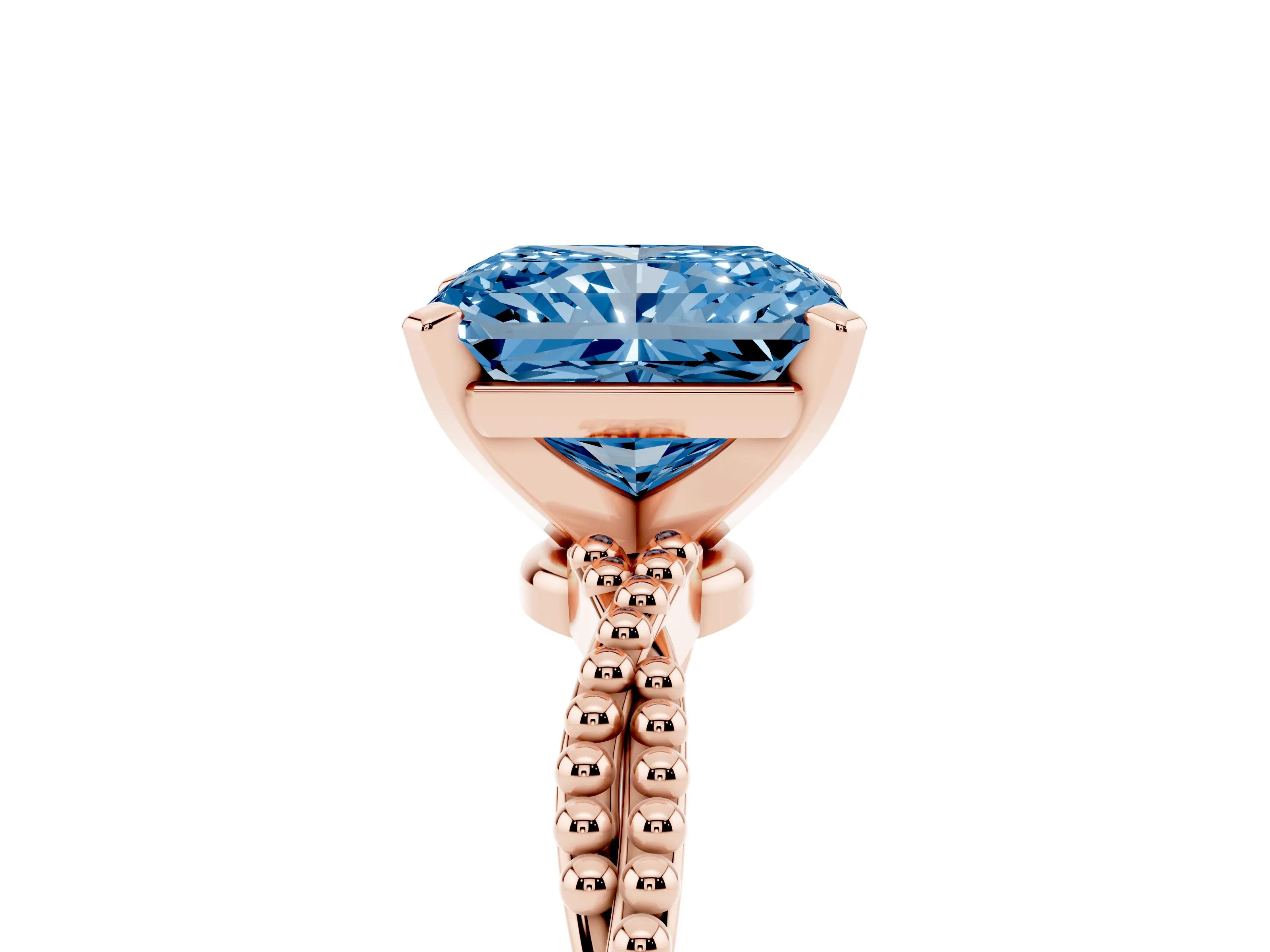 Fancy Blue Radiant Cut Diamond Solitaire Ring Set in Rose gold with Twisted Band and Bead Prong Setting