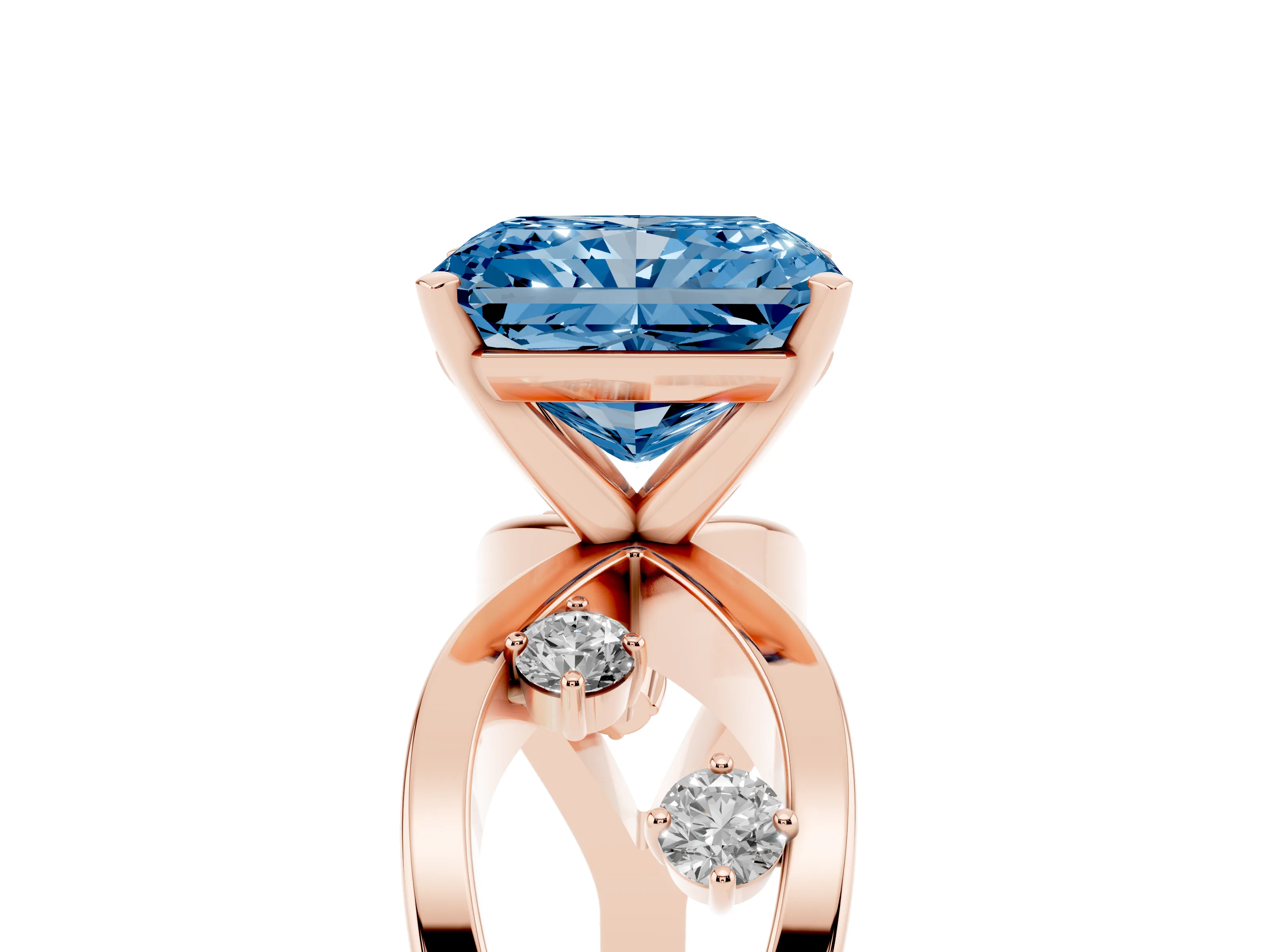 Fancy Blue Radiant Cut Diamond Solitaire Ring Set in Rose gold with Side Stones on Criss-Cross Band and Prong Setting