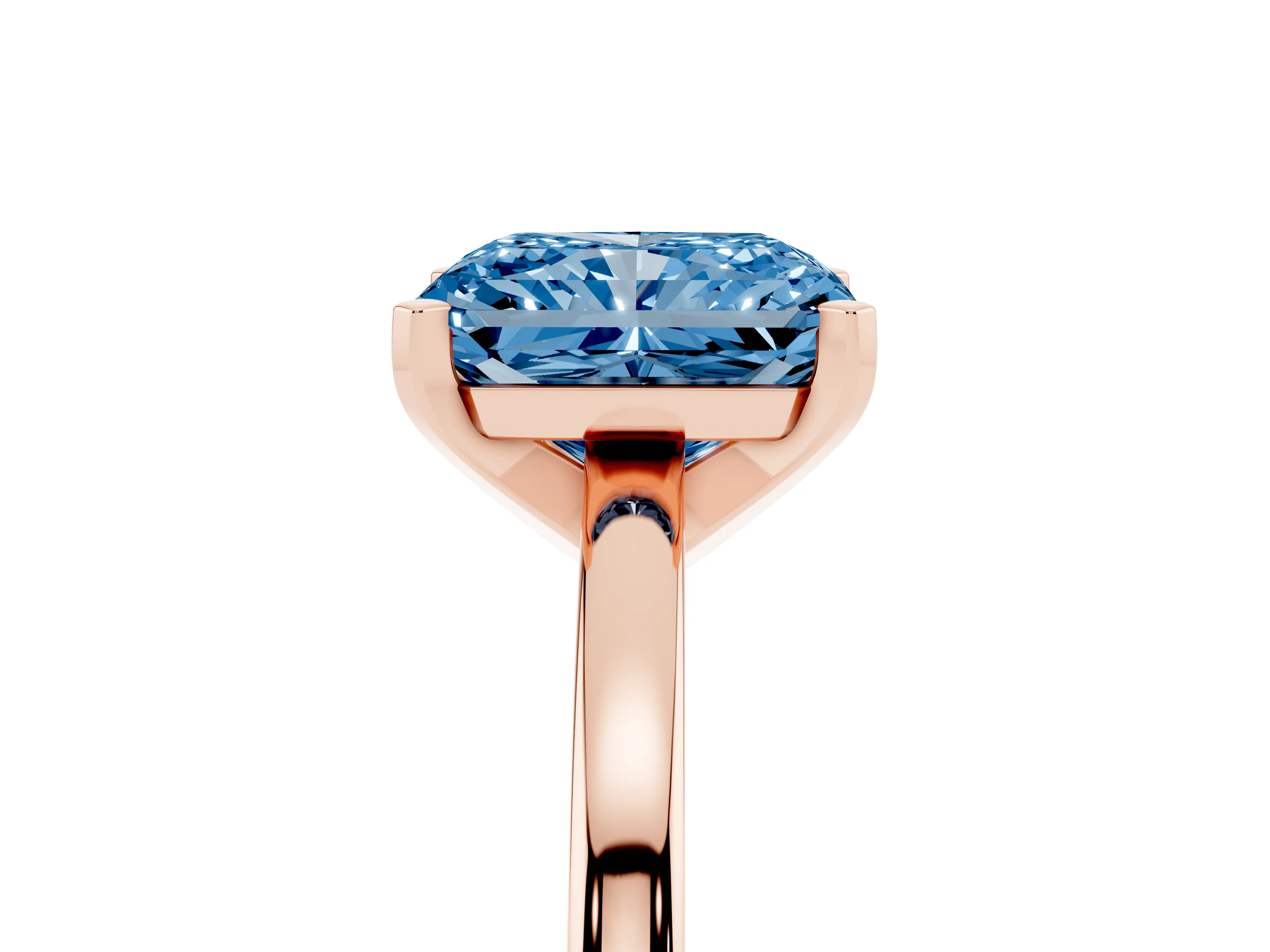 Fancy Blue Radiant Cut Diamond Solitaire Engagement Ring Set in Rose gold with Prong Setting on a Classic Band