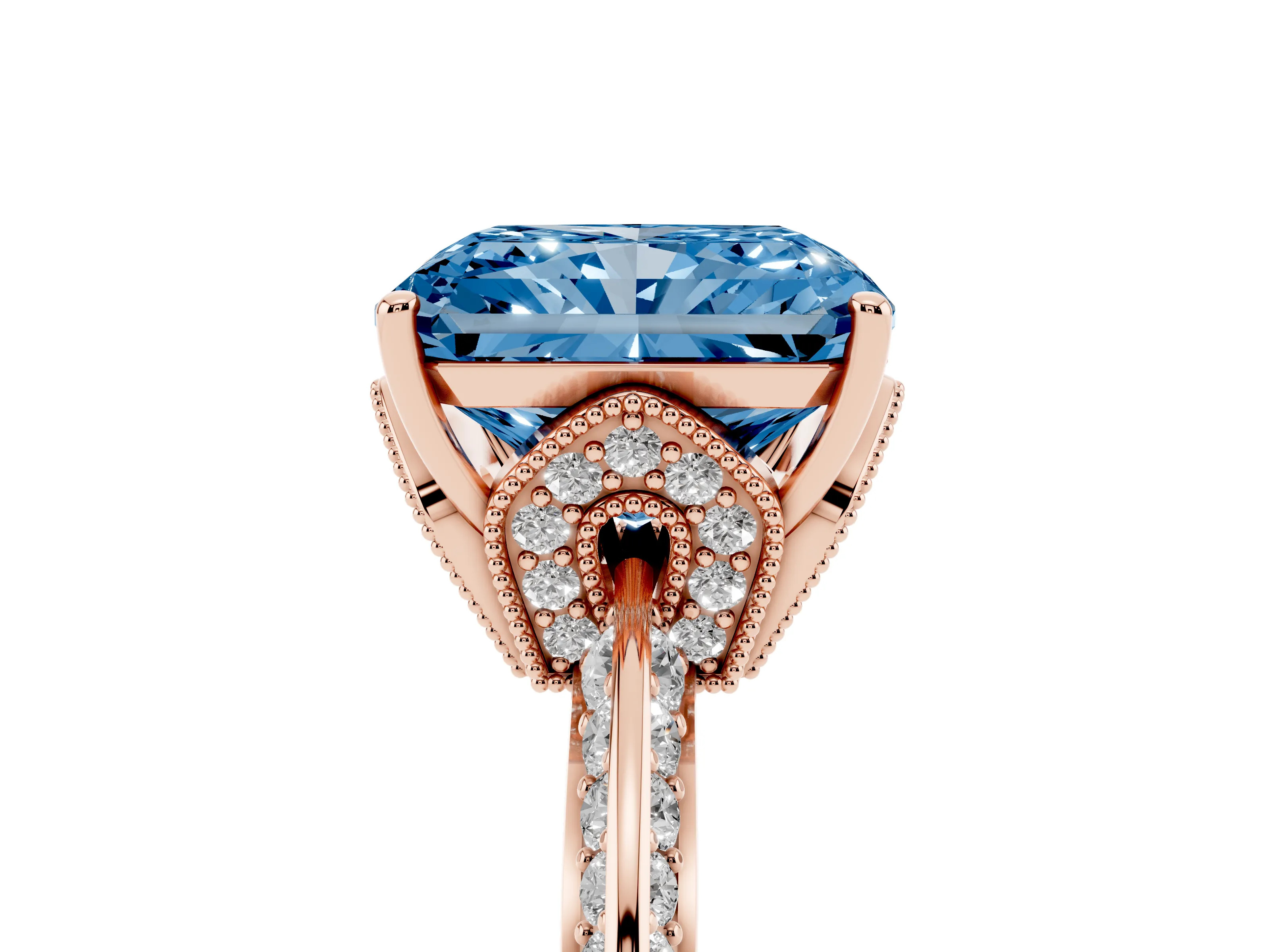 Fancy Blue Radiant Cut Diamond Solitaire Engagement Ring Set in Rose gold with Pavé Split Shank and Prong Setting