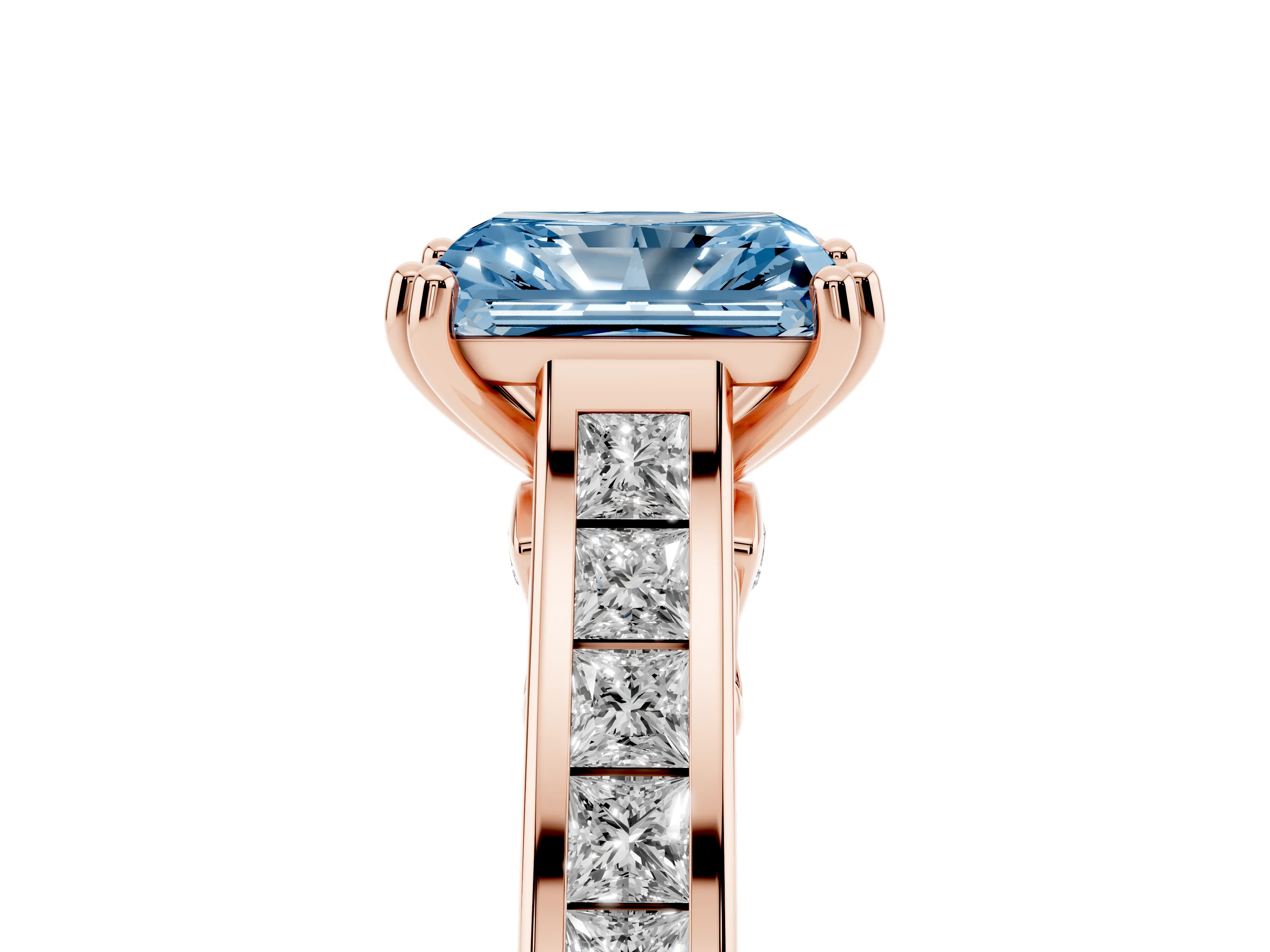 Fancy Blue Radiant Cut Diamond Channel Set Solitaire Engagement Ring Set in Rose gold with Prong Setting