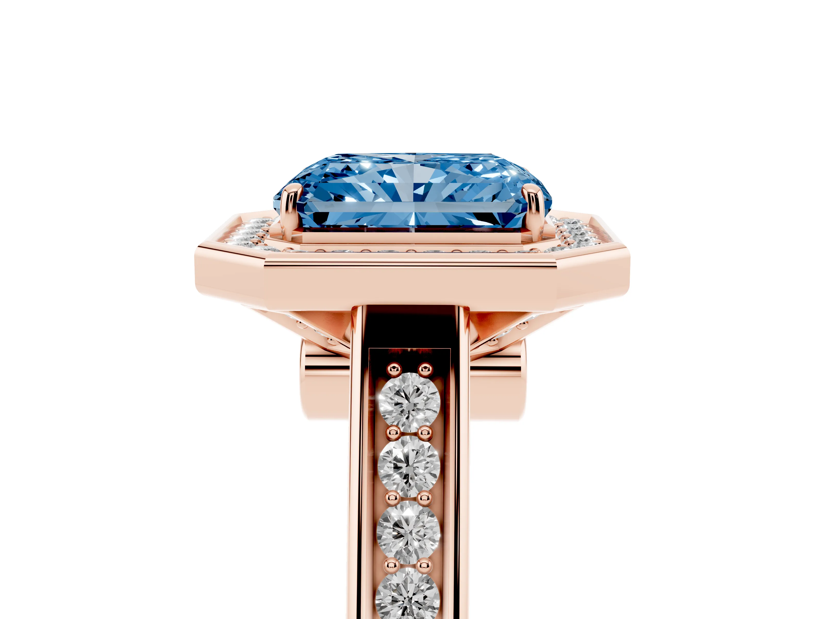 Fancy Blue Radiant Cut Diamond Halo Solitaire Ring Set in Rose gold with Pavé Band and Bezel Setting