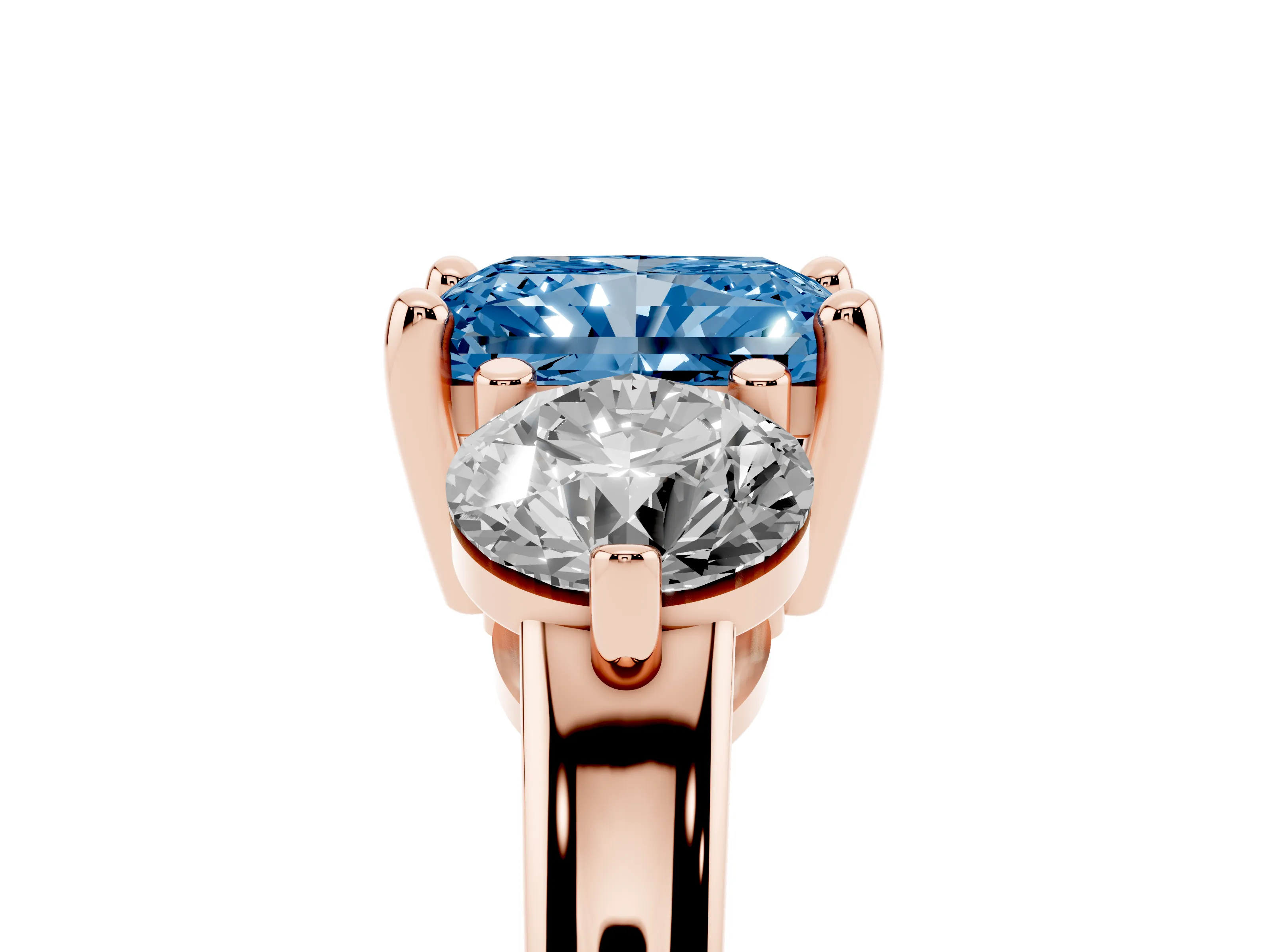 Fancy Blue Radiant Cut Diamond Three-Stone Ring Set in Rose gold with Prong Setting and Classic Band