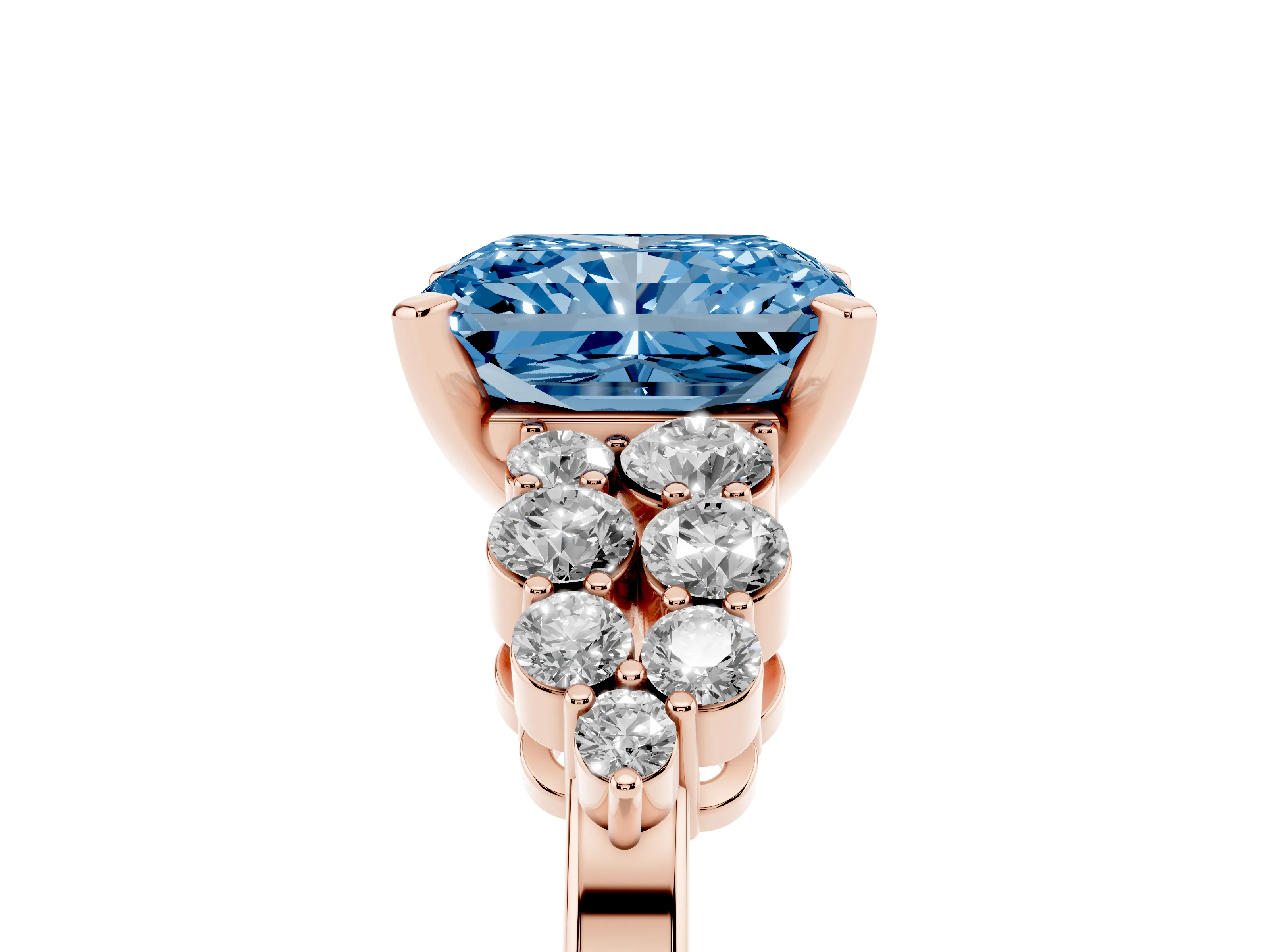 Fancy Blue Radiant Cut Diamond Cluster Engagement Ring Set in Rose gold with Pavé Band and Prong Setting
