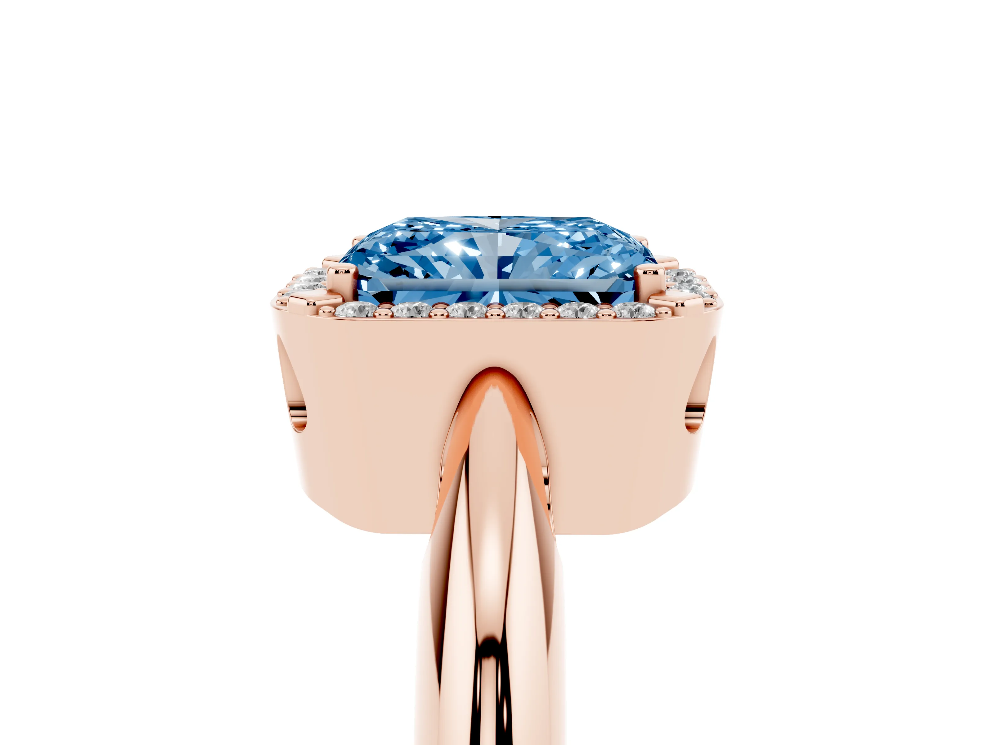 Fancy Blue Radiant Cut Diamond Halo Engagement Ring Set in Rose gold with Plain Split Shank and Prong Setting