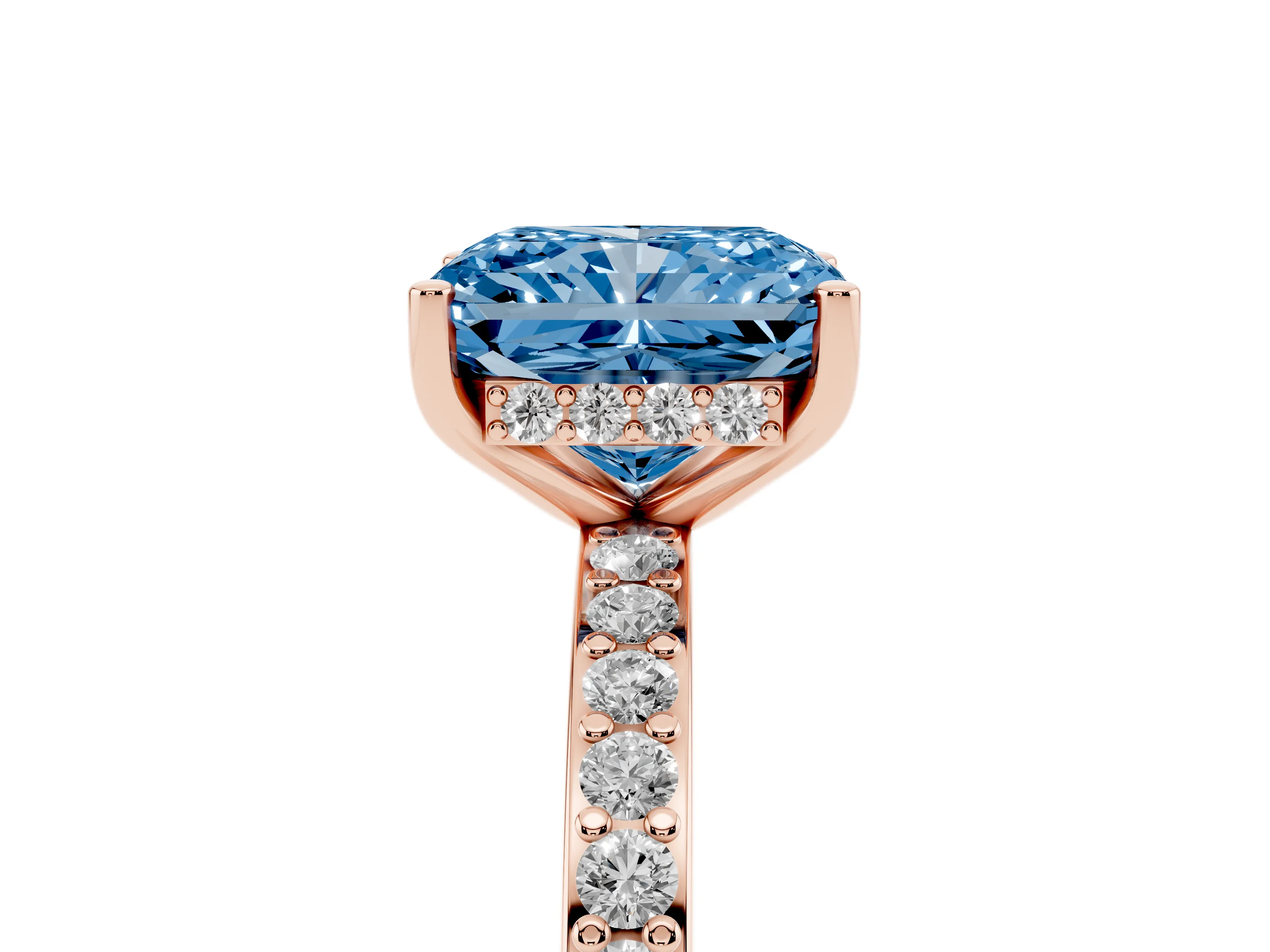 Fancy Blue Radiant Cut Diamond Pavé Band Ring Set in Rose gold with Prong-Set Center Stone