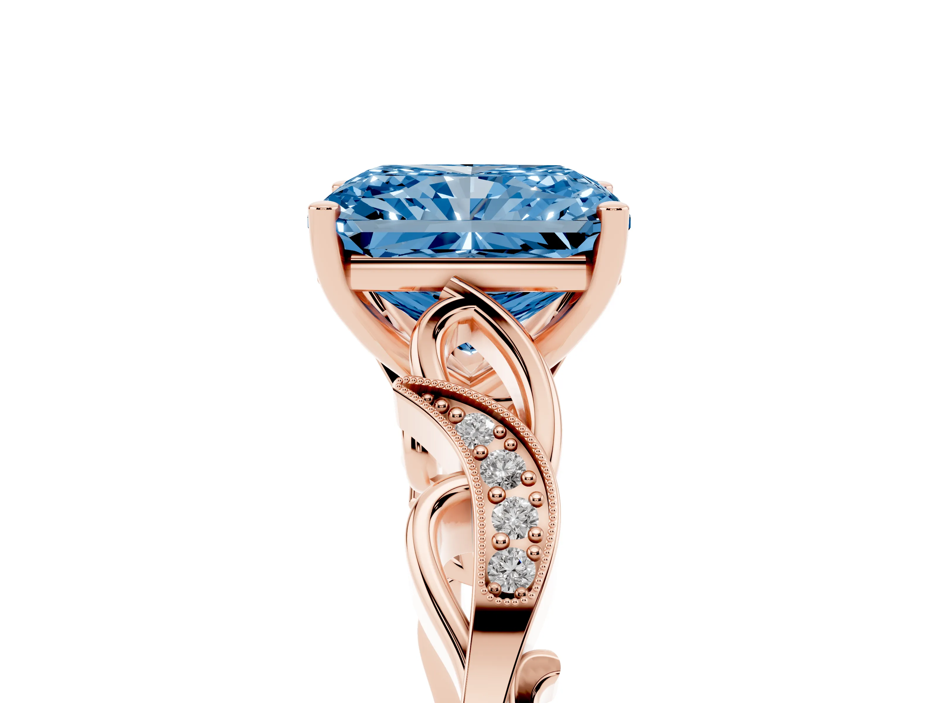 Fancy Blue Radiant Cut Diamond Vine Band Solitaire Ring Set in Rose gold with Milgrain Prong Setting