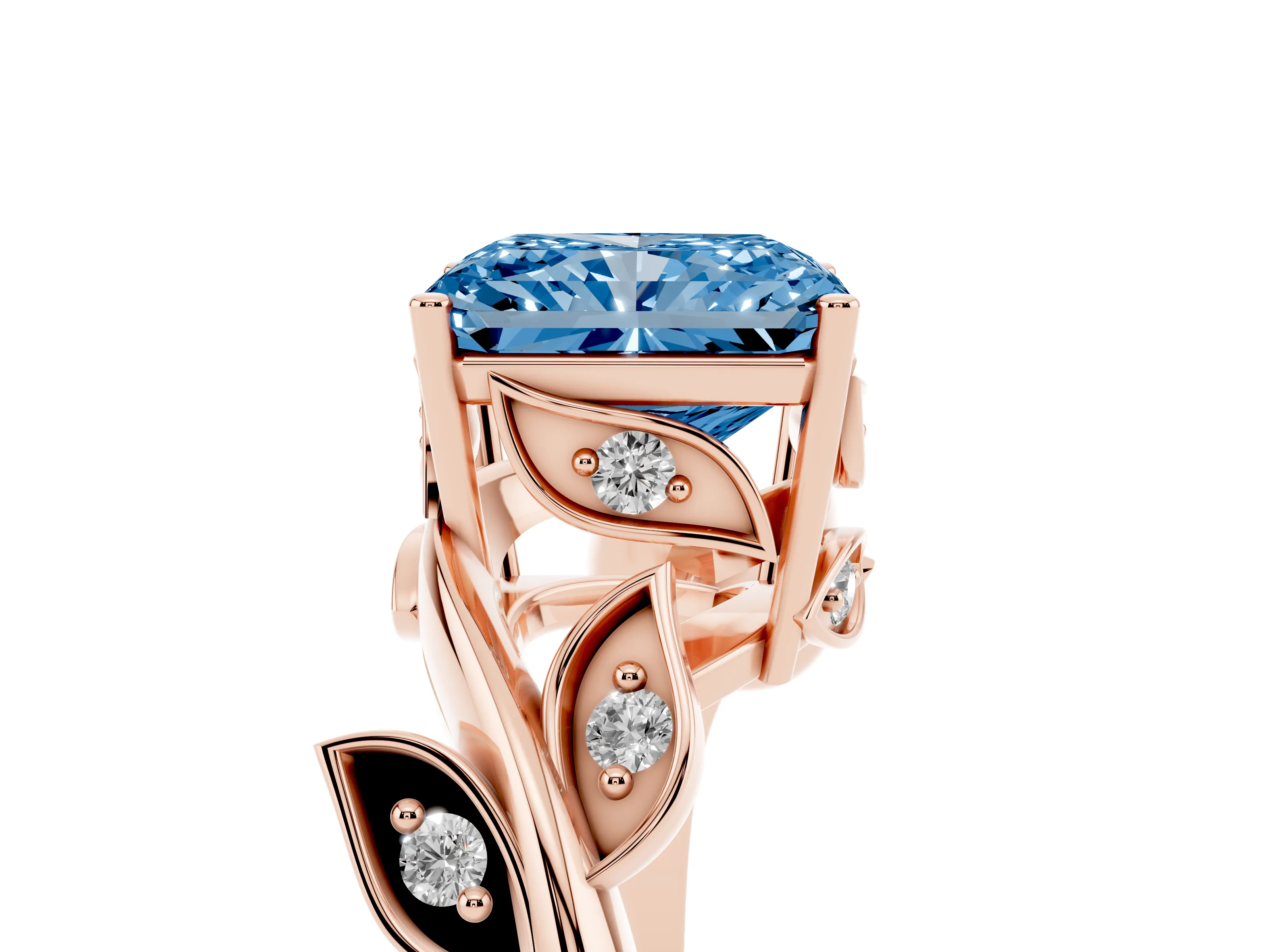 Fancy Blue Radiant Cut Diamond Solitaire Twist Engagement Ring Set in Rose gold with Pavé Leaf Accents