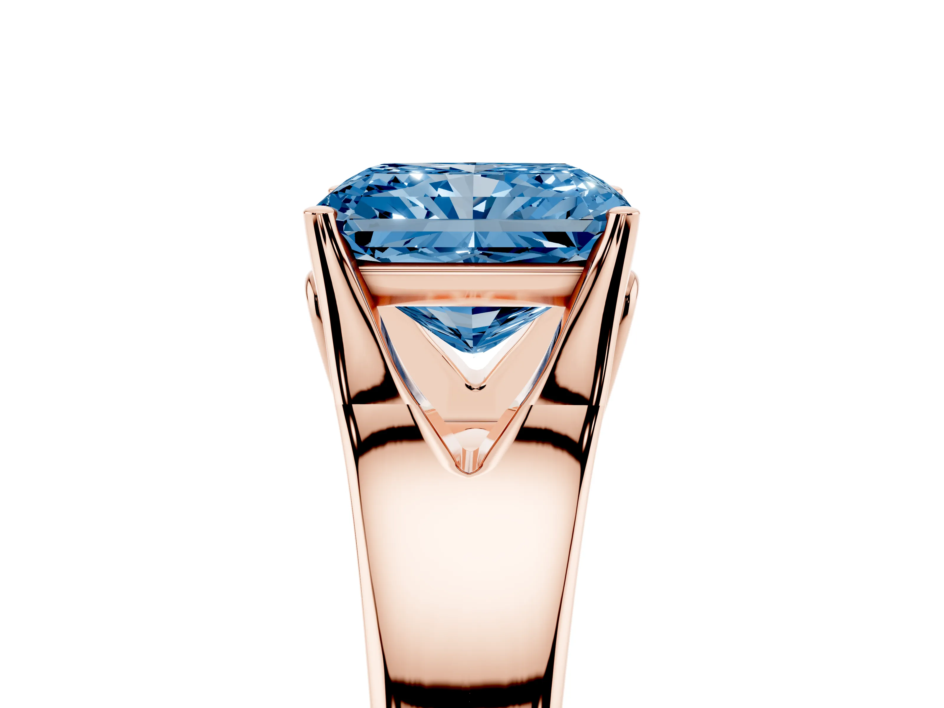 Fancy Blue Radiant Cut Diamond Solitaire Ring Set in Rose gold with Arched Cathedral Band and Prong Setting