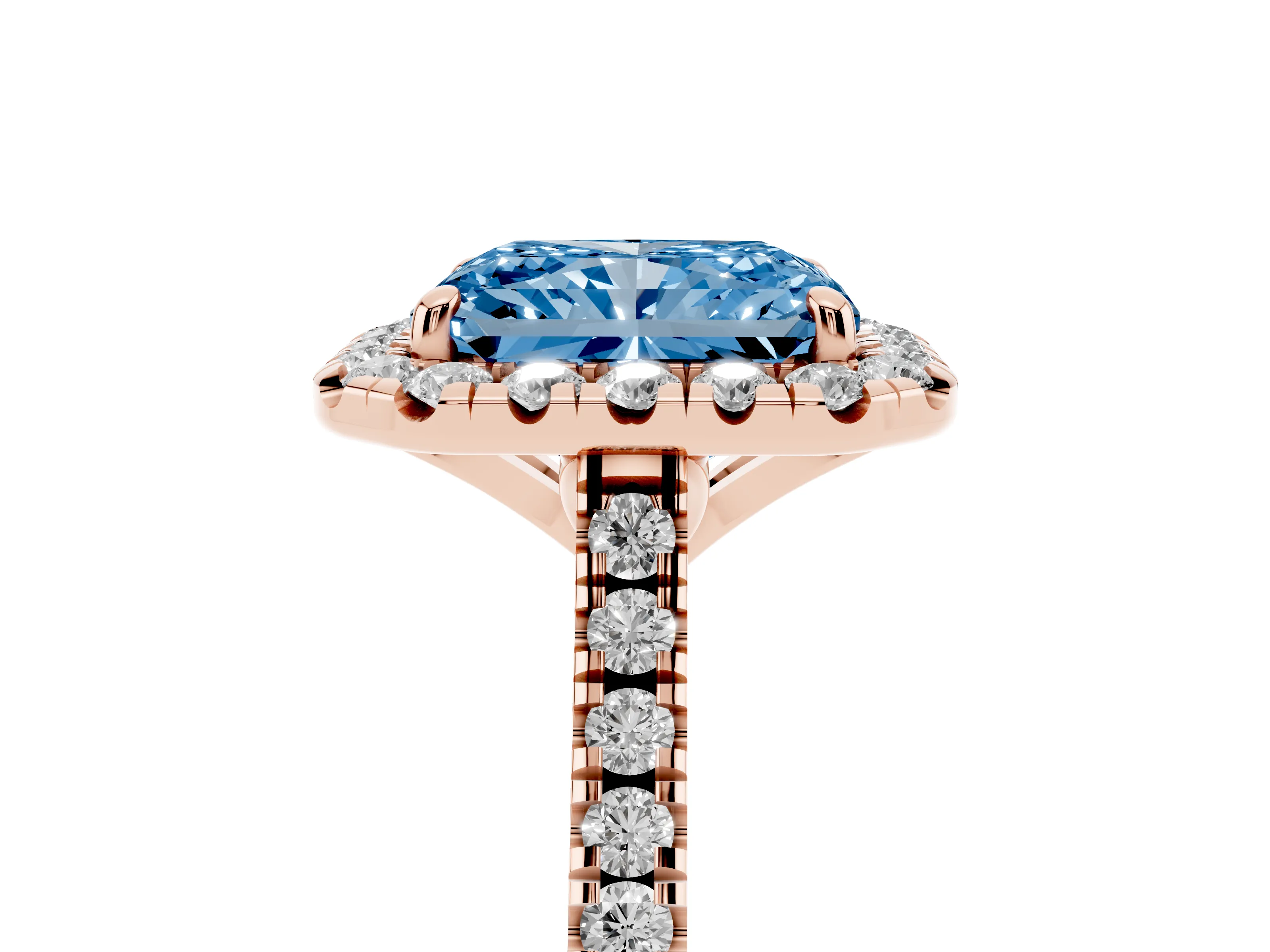 Fancy Blue Radiant Cut Diamond Cushion Halo Ring Set in Rose gold with Pavé Band