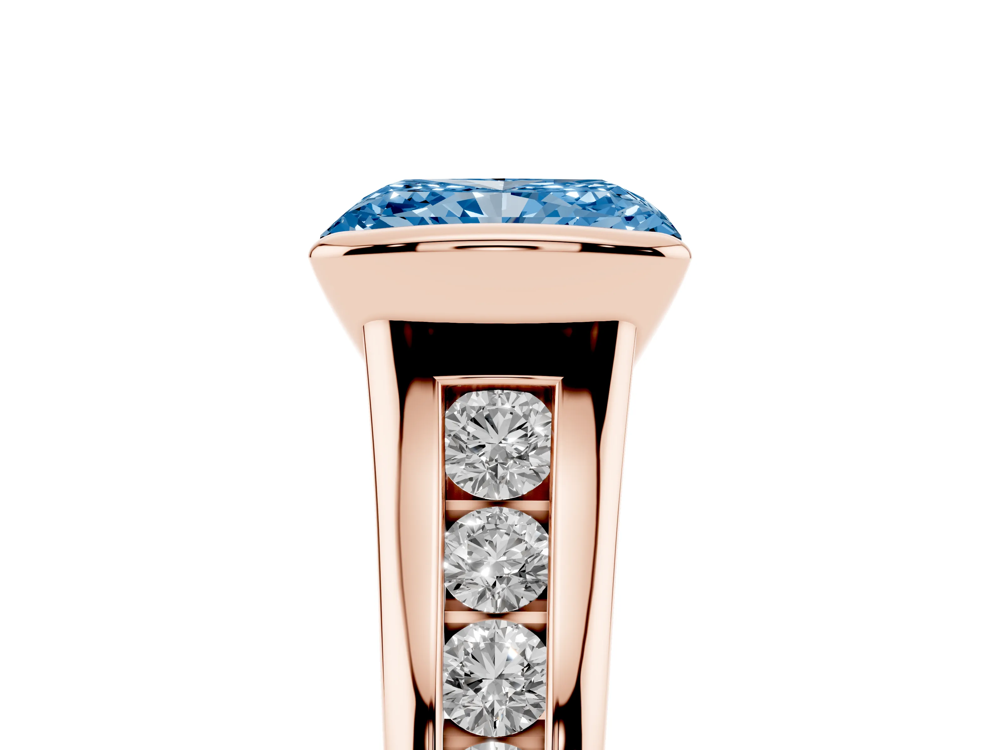 Fancy Blue Radiant Cut Diamond Bezel-Set Solitaire Ring Set in Rose gold with Channel-Set Band