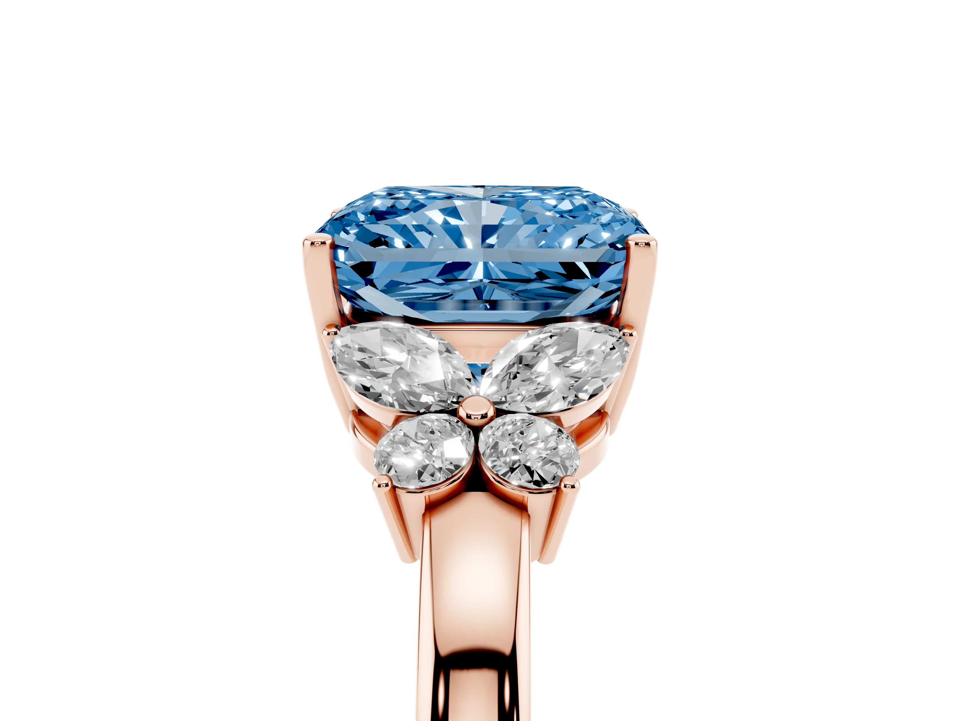 Fancy Blue Radiant Cut Diamond Solitaire Floral Ring Set in Rose gold with Marquise Petals and Prong Setting
