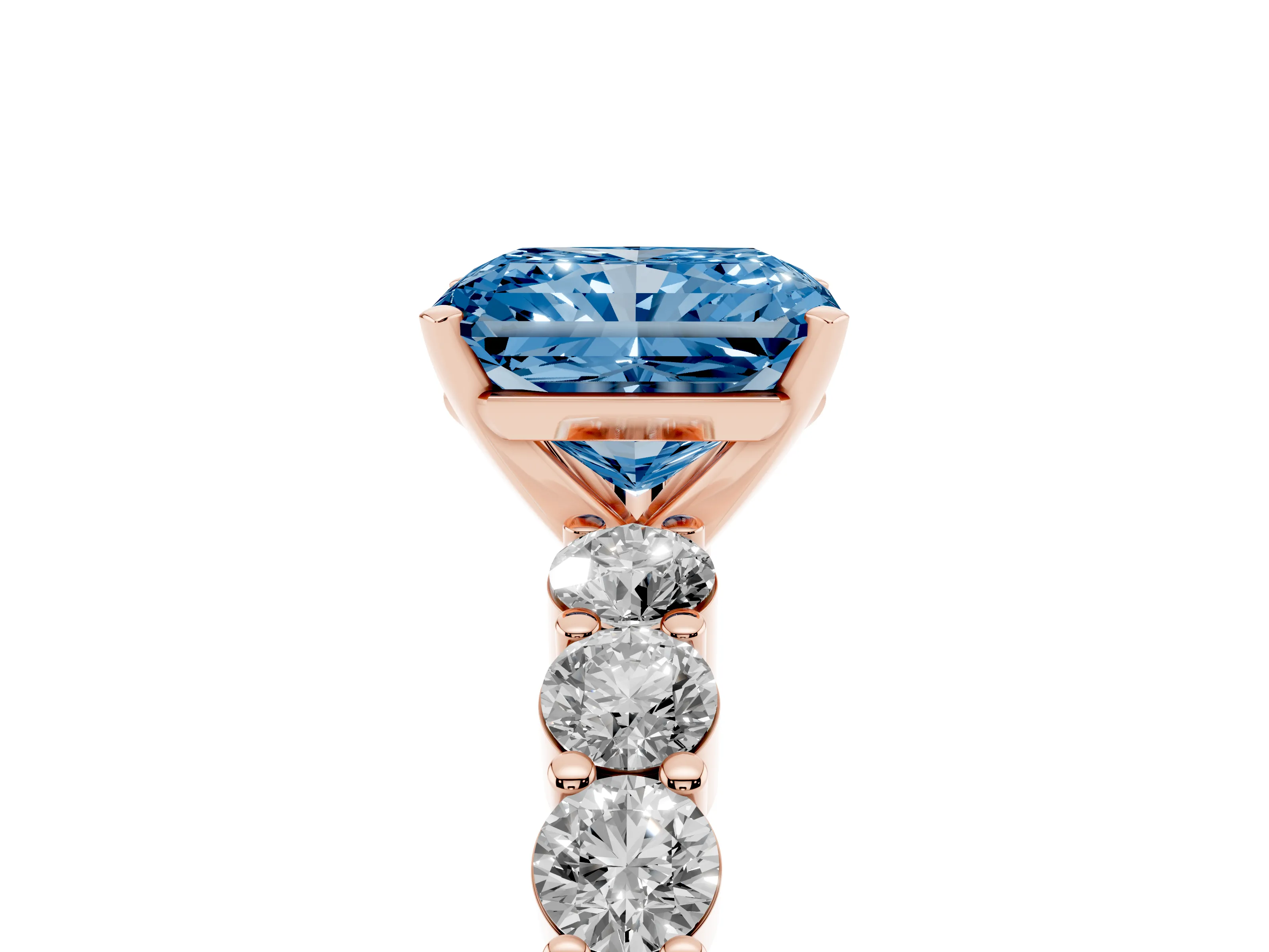 Fancy Blue Radiant Cut Diamond Solitaire Ring Set in Rose gold with Shared Prong Round Side Stones