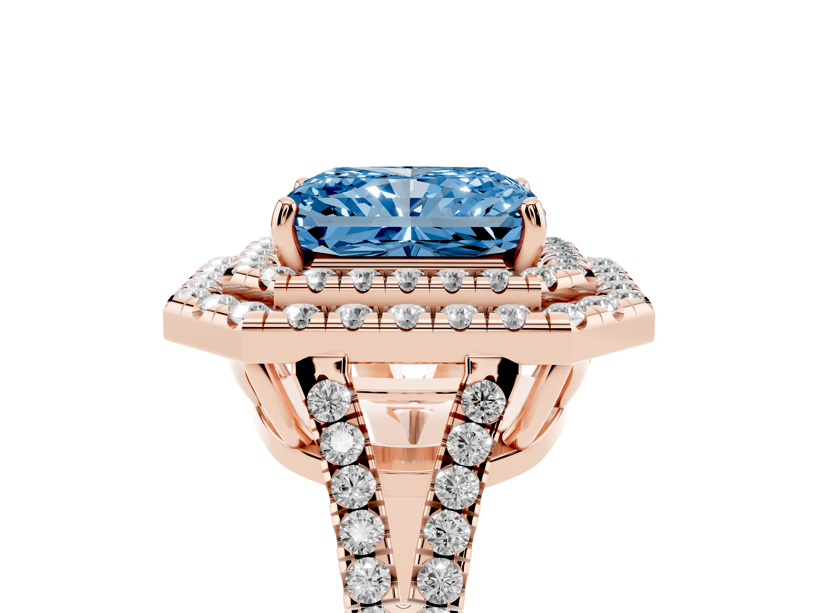 Fancy Blue Radiant Cut Diamond Double Halo Ring Set in Rose gold with Pavé Band