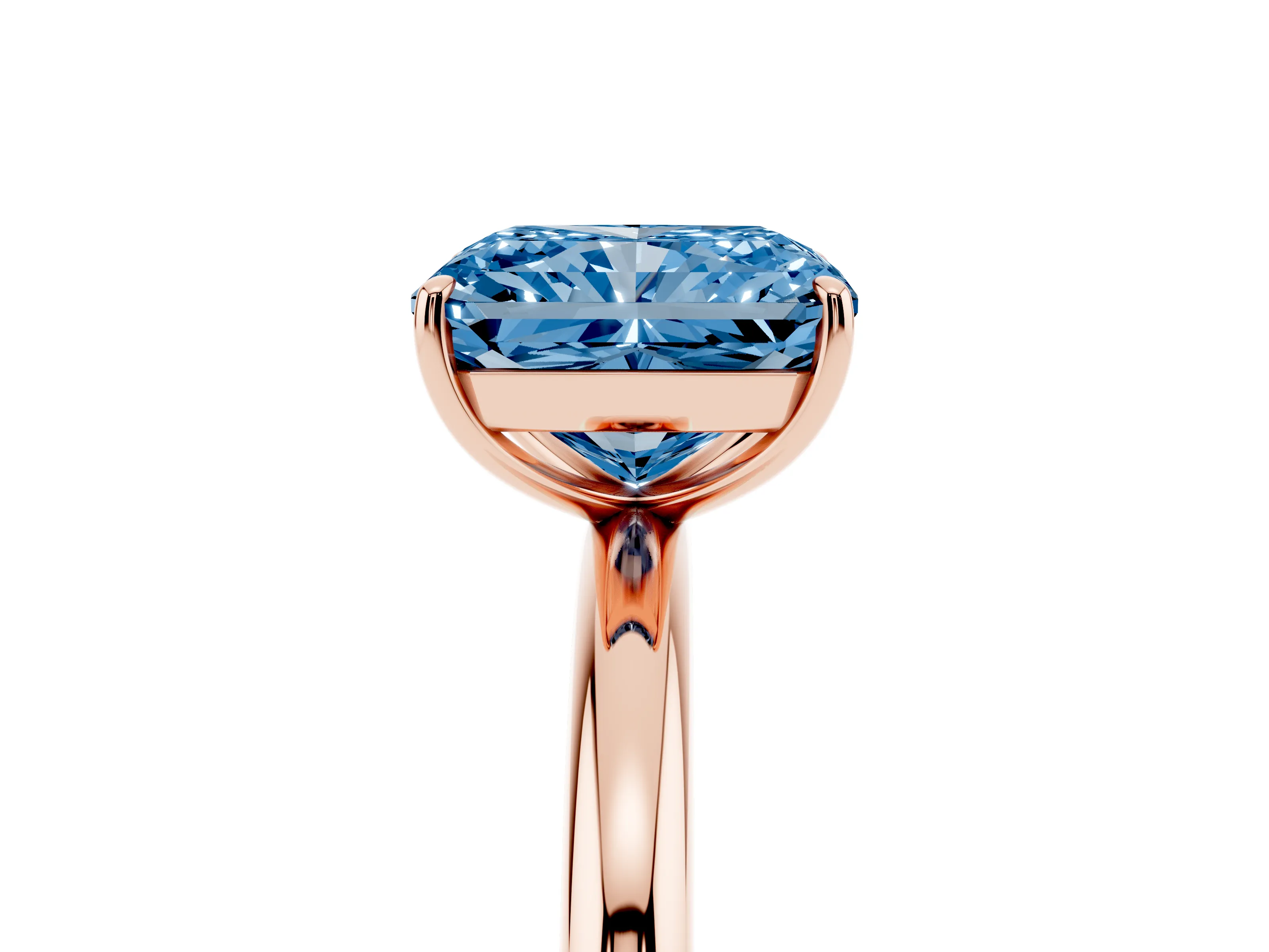 Fancy Blue Radiant Cut Diamond Solitaire Ring Set in Rose gold with Prong Setting on a Polished Plain Band