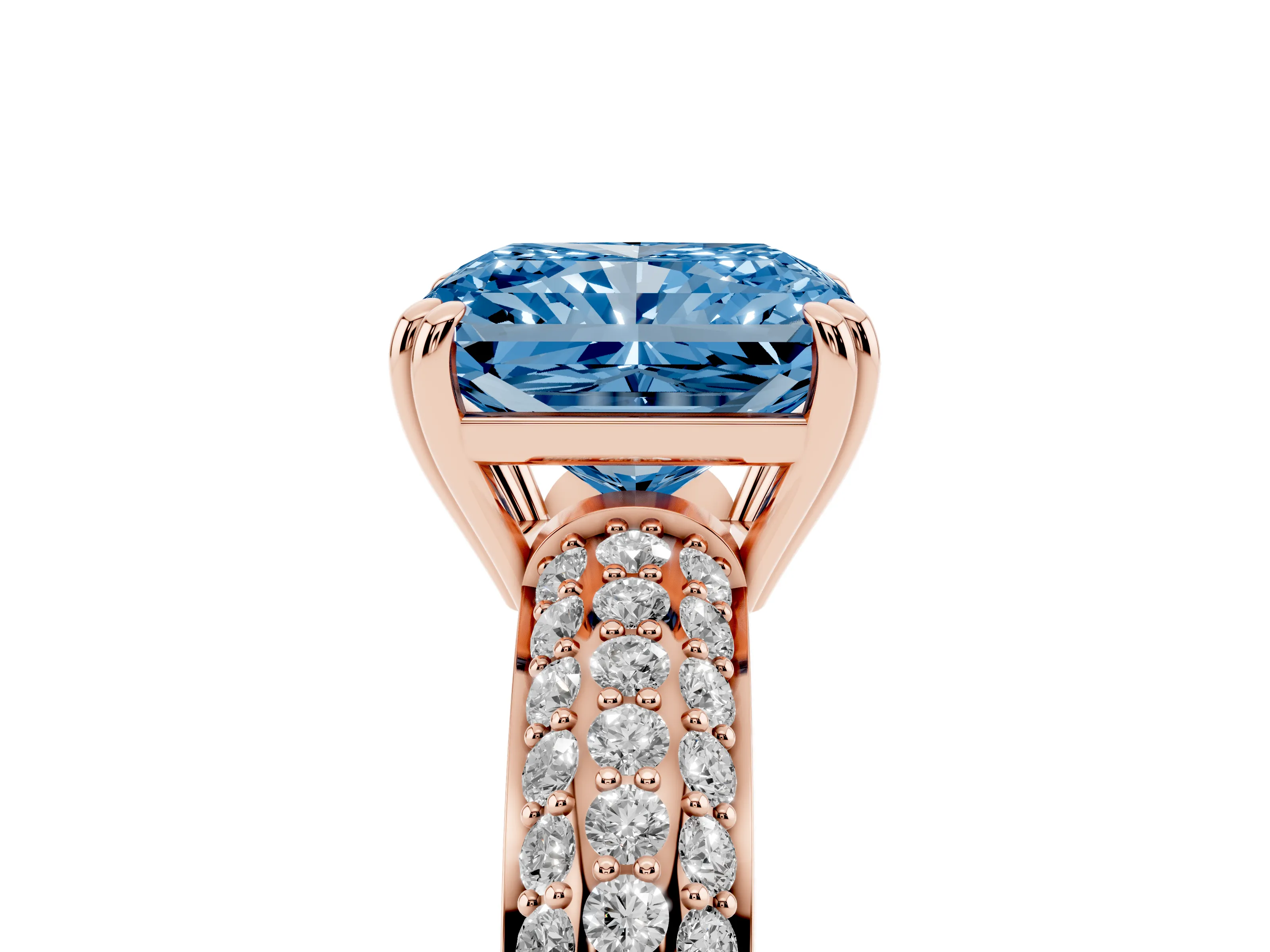 Fancy Blue Radiant Cut Diamond Solitaire Ring Set in Rose gold with Multi-Row Round Pavé Band and Prong Setting
