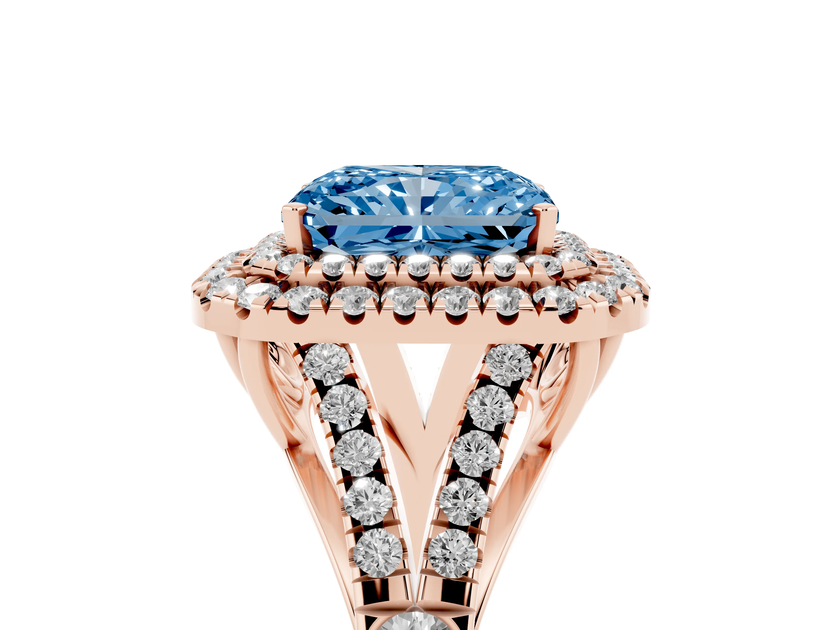 Fancy Blue Radiant Cut Diamond Pavé Split Shank Double Halo Engagement Ring Set in Rose gold