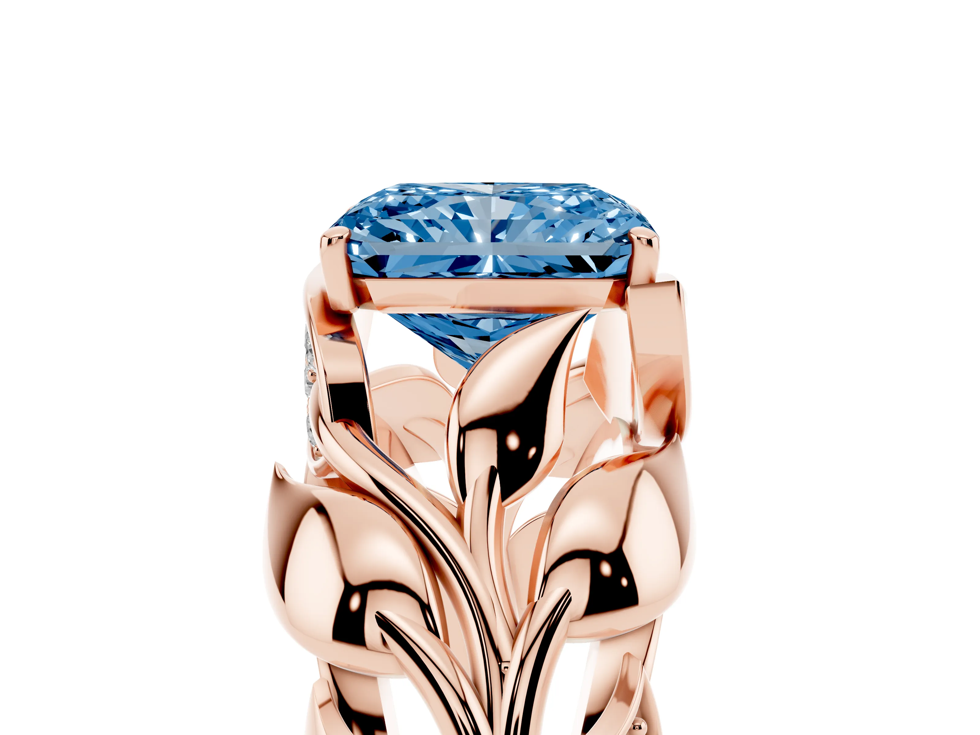 Fancy Blue Radiant Cut Diamond Leaf-Inspired Engagement Ring Set in Rose gold with Round Accents