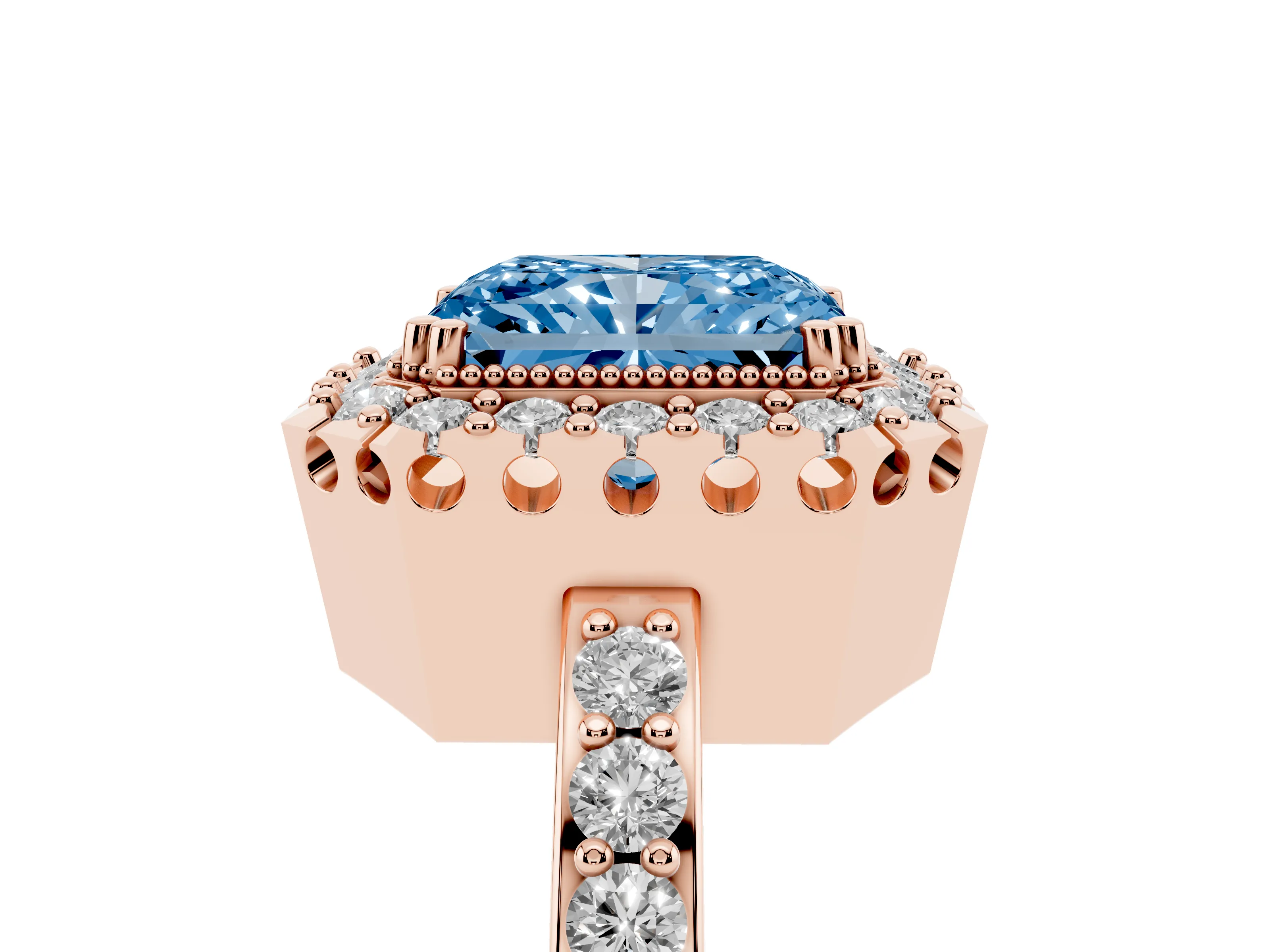 Fancy Blue Radiant Cut Diamond Halo Ring Set in Rose gold with Pavé Shank and Prong Setting