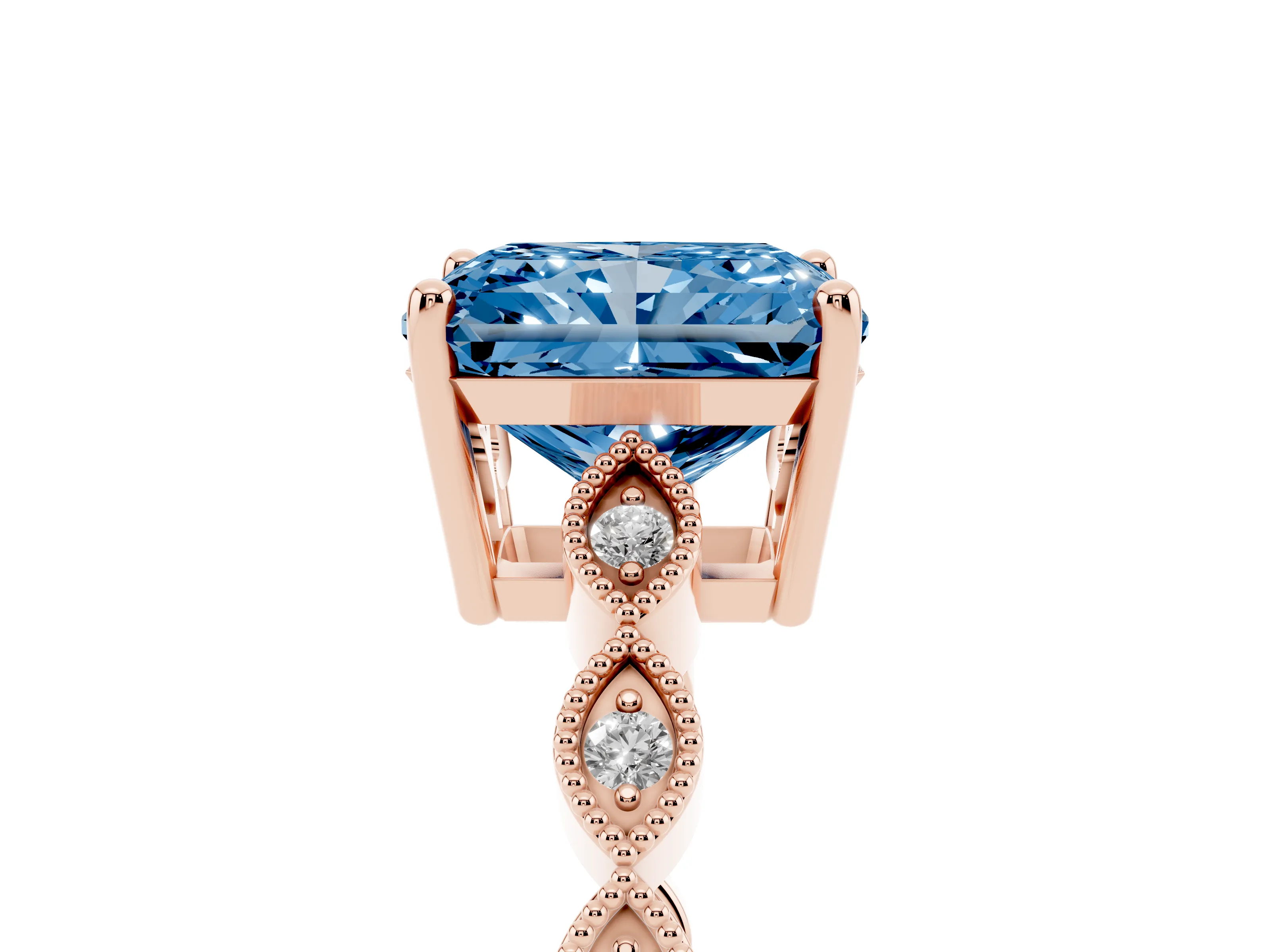 Fancy Blue Radiant Cut Diamond Solitaire Ring Set in Rose gold with Infinity Twist Pavé Band