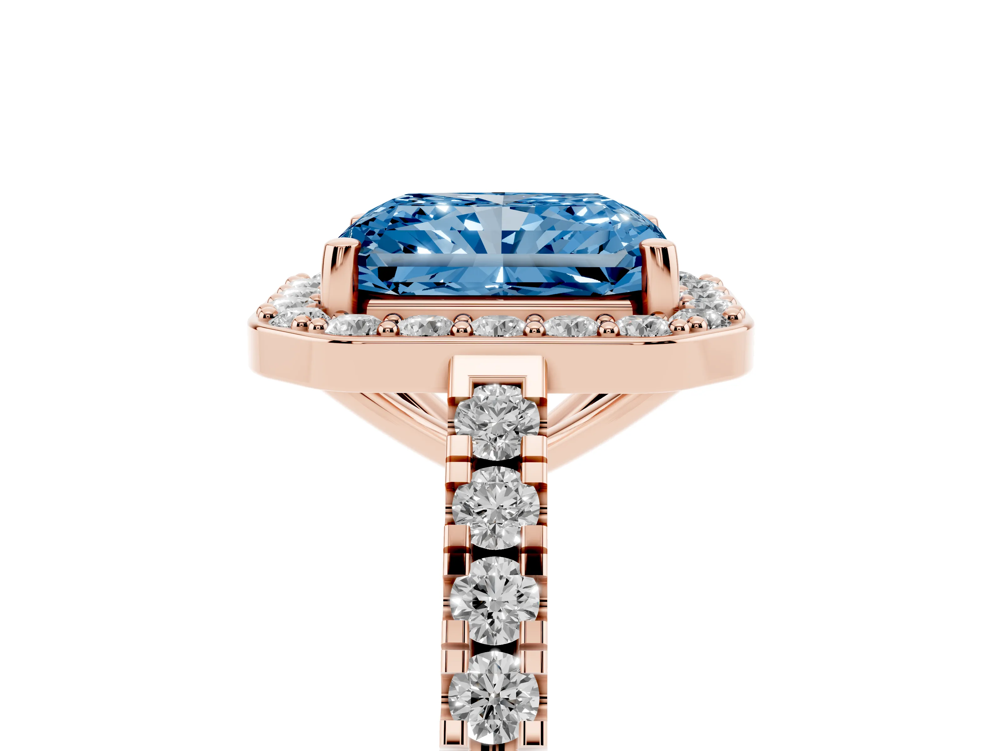 Fancy Blue Radiant Cut Diamond Halo Ring Set in Rose gold with Round Pavé Split Shank and Prong Setting