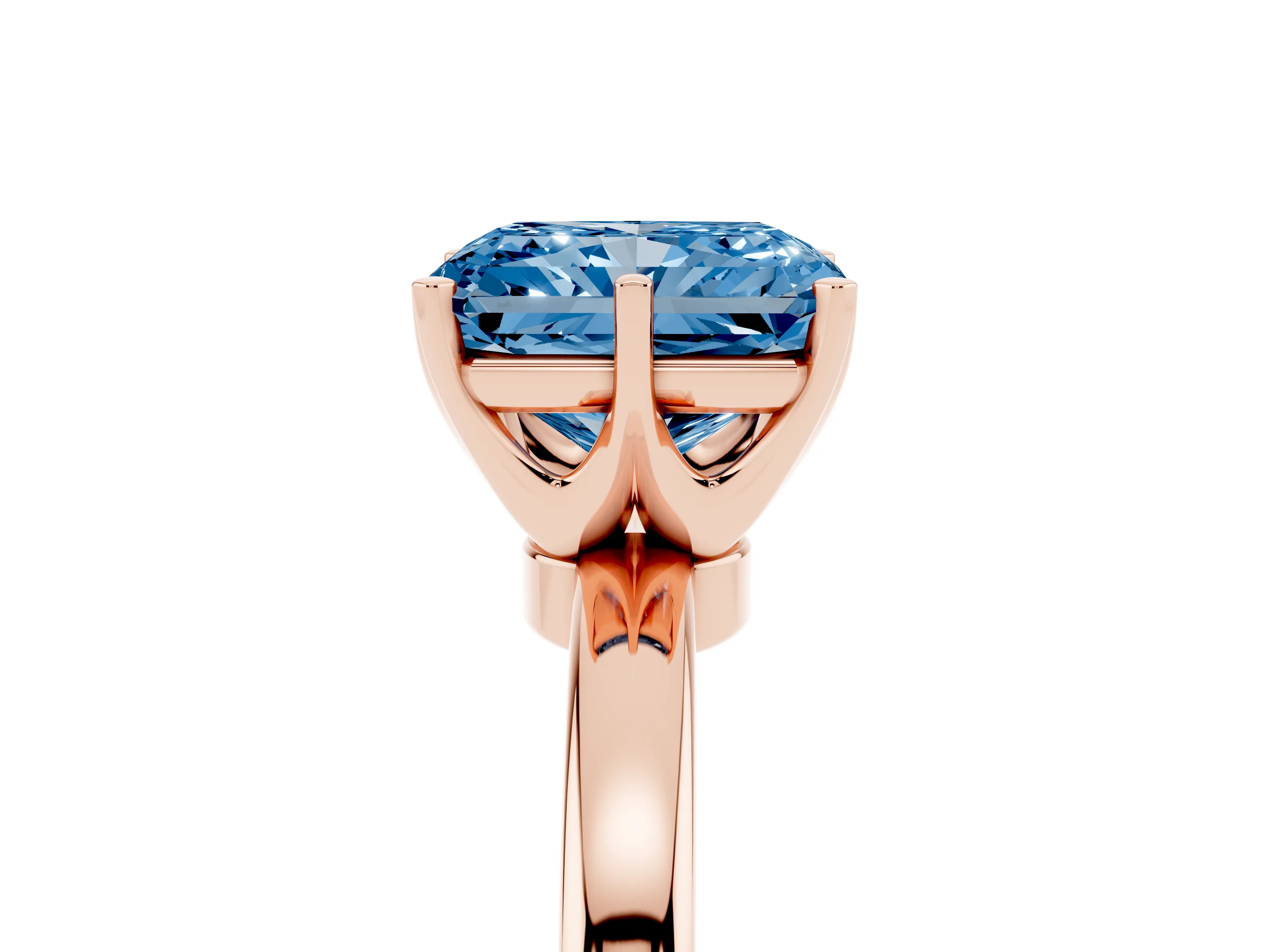 Fancy Blue Radiant Cut Diamond Solitaire Ring Set in Rose gold with Raised Prong Setting on a Classic Band