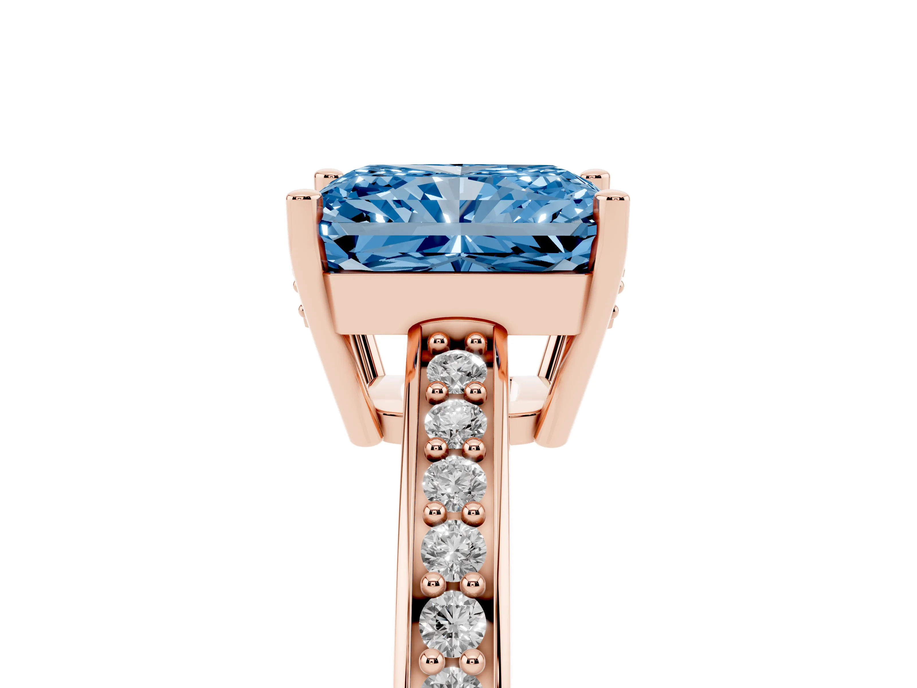 Fancy Blue Radiant Cut Diamond Pavé Band Prong Set Solitaire Ring Set in Rose gold