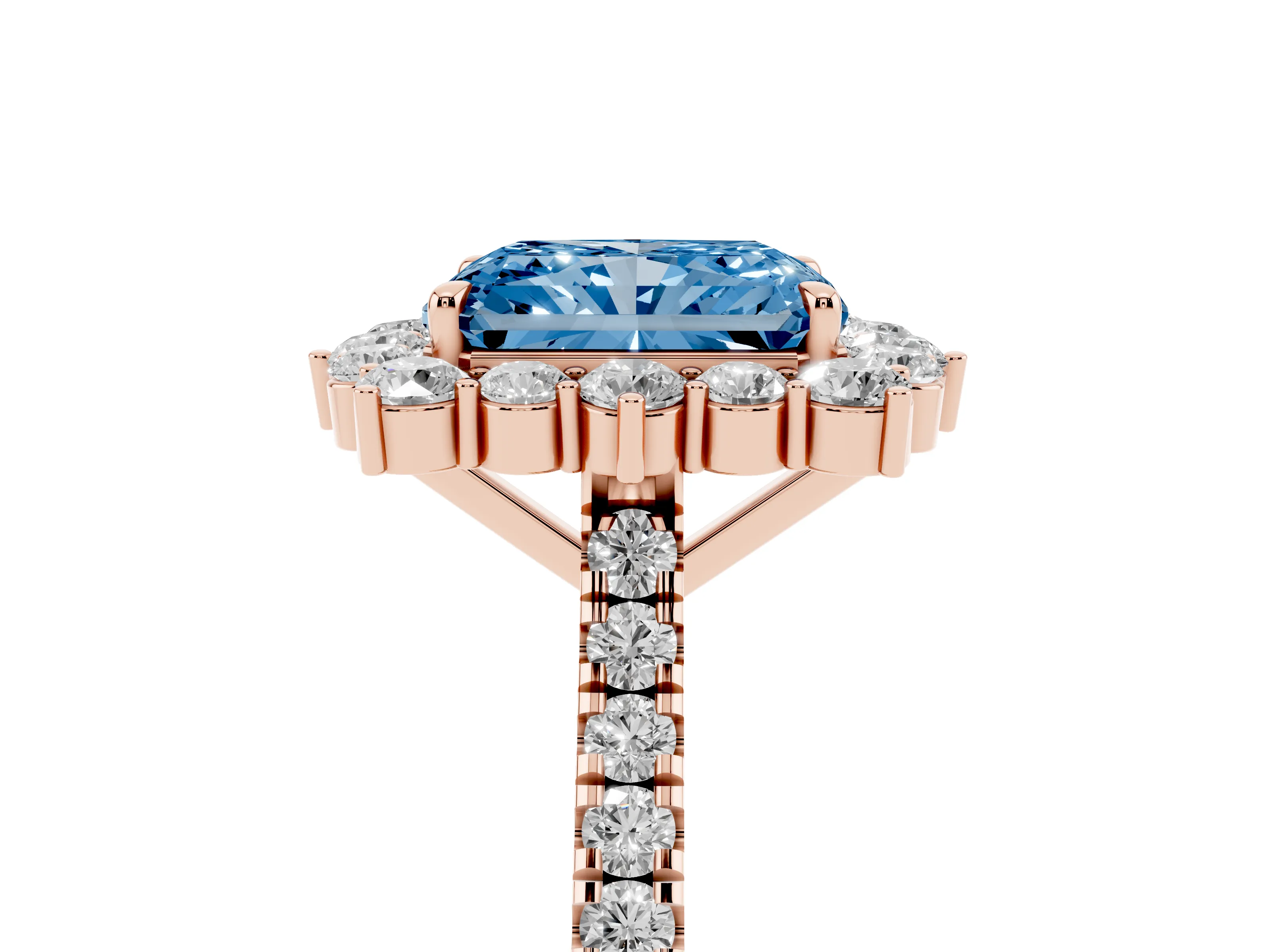 Fancy Blue Radiant Cut Diamond Halo Ring Set in Rose gold with Pavé Band and Prong Setting