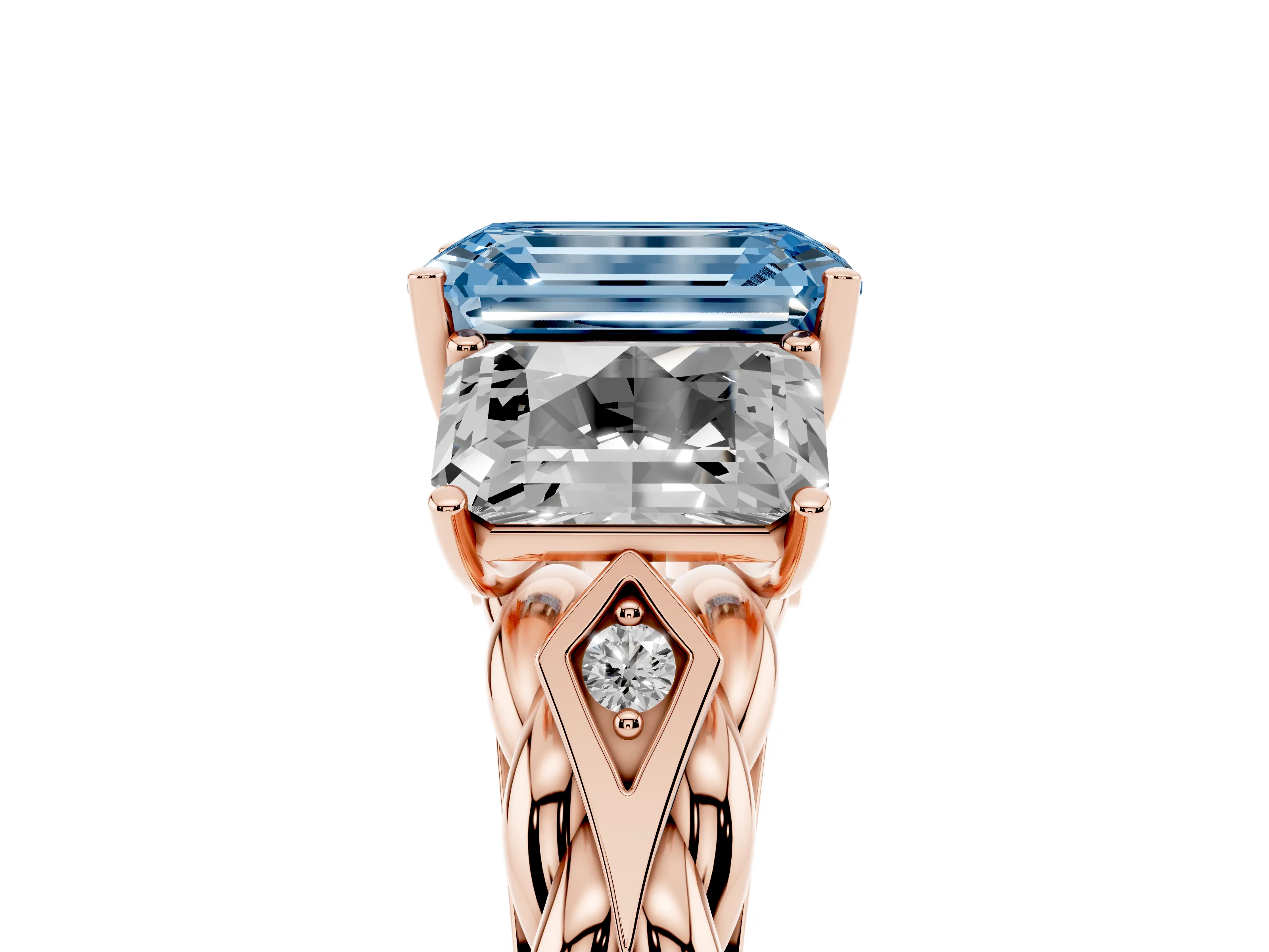 Fancy Blue Radiant Cut Diamond Three-Stone Ring Set in Rose gold with Braided Band