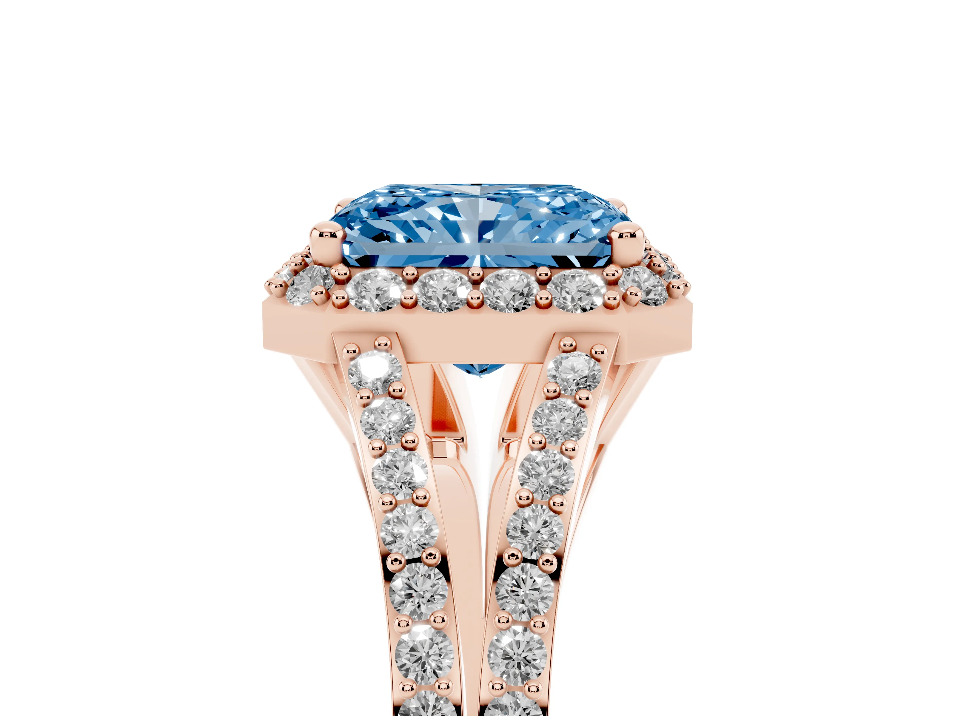 Fancy Blue Radiant Cut Diamond Halo Split Shank Pavé Ring Set in Rose gold with Prong Setting