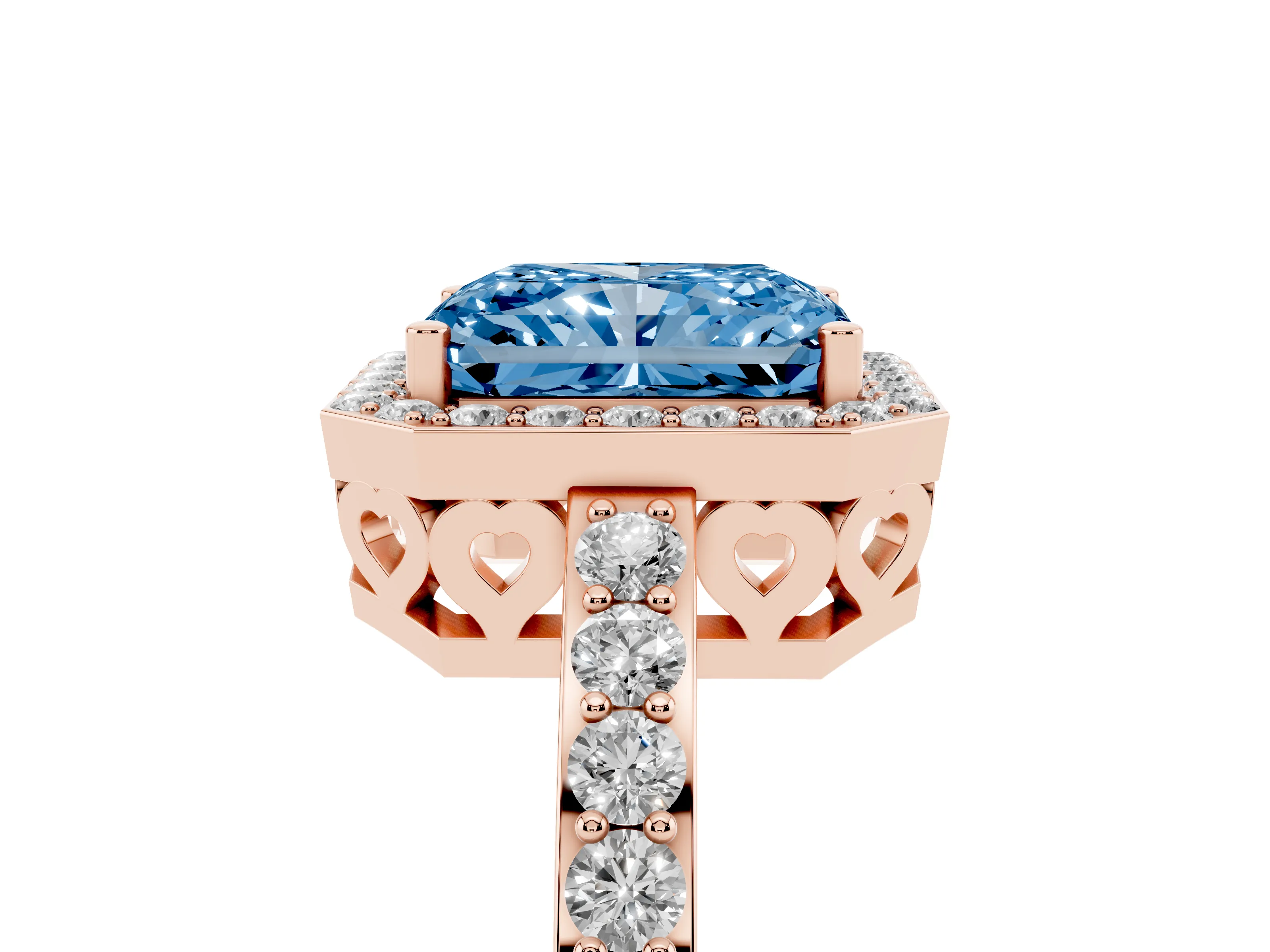 Fancy Blue Radiant Cut Diamond Halo Ring Set in Rose gold with Pavé-Setting Band and Open Prong Center