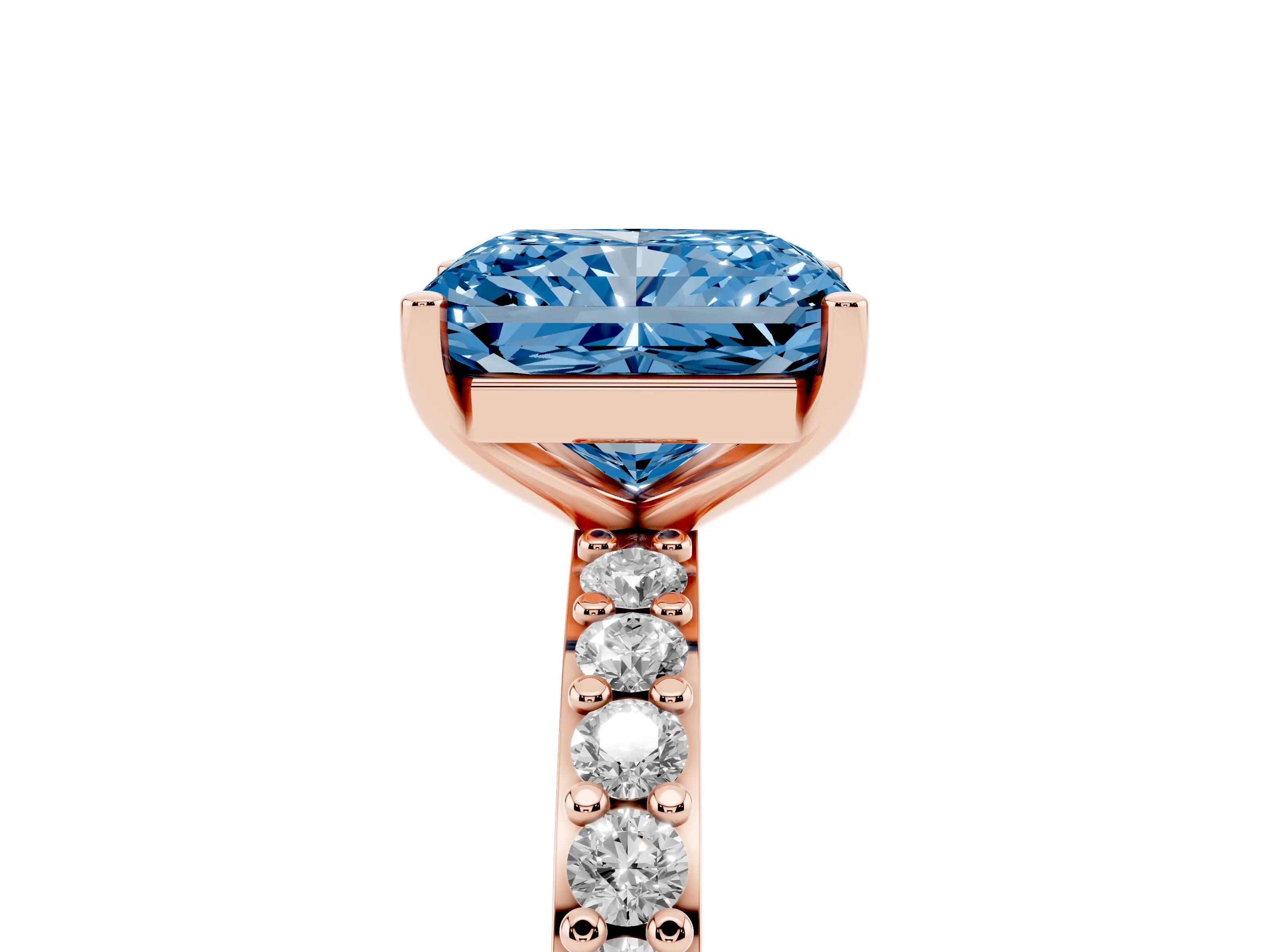 Fancy Blue Radiant Cut Diamond Solitaire Set in Rose gold with Round Pavé Band and Prong Setting
