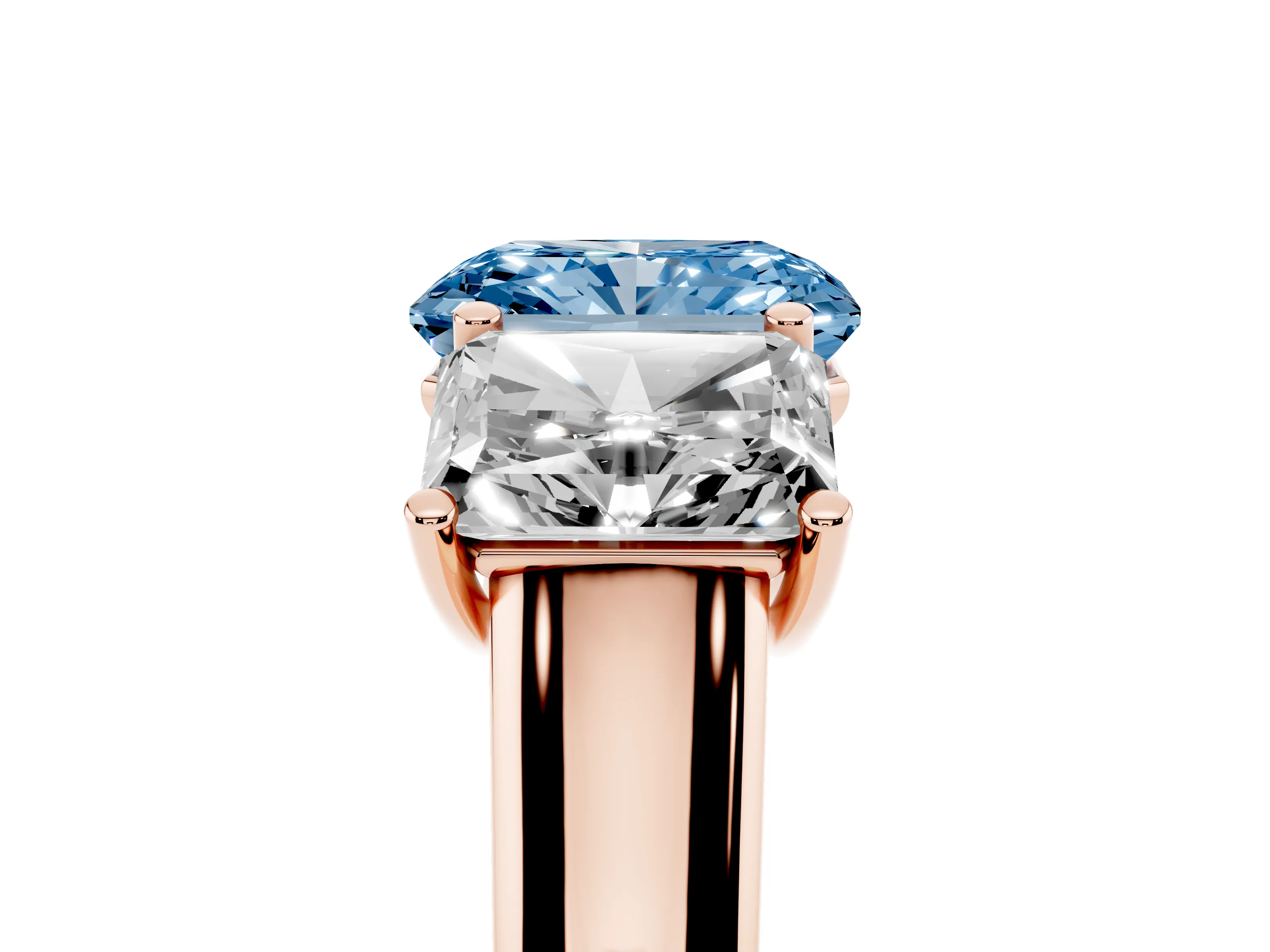 Fancy Blue Radiant Cut Diamond Three-Stone Ring Set in Rose gold with Plain Polished Band