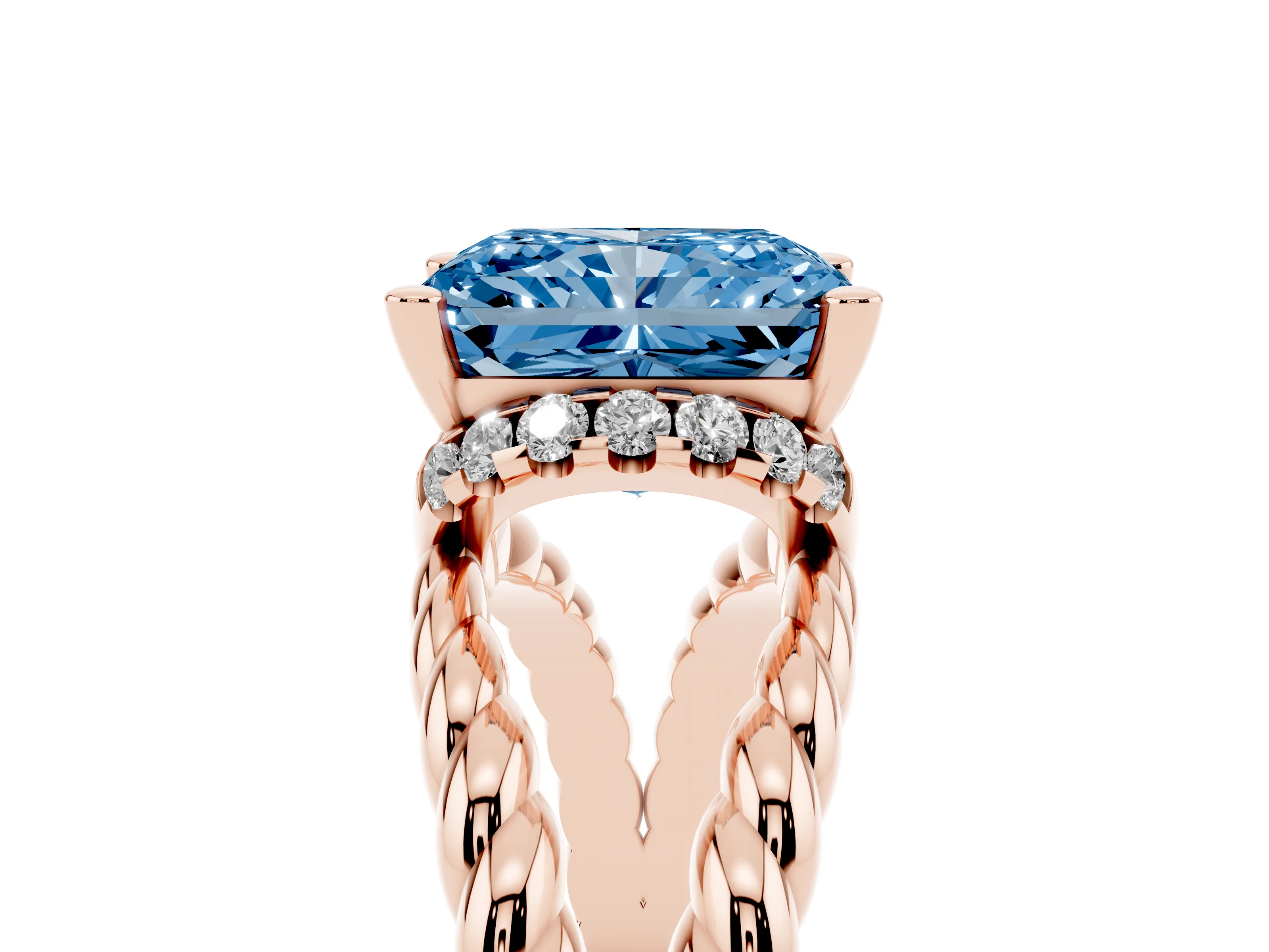 Fancy Blue Radiant Cut Diamond Halo Ring Set in Rose gold with Twisted Band and Prong Setting