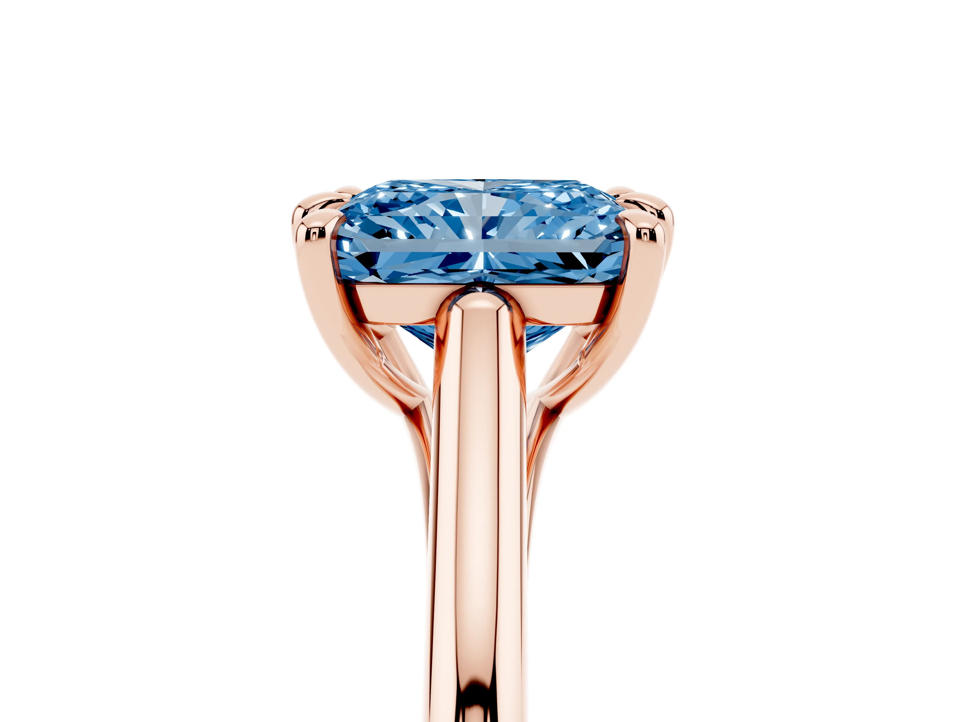 Fancy Blue Radiant Cut Diamond Solitaire Engagement Ring Set in Rose gold with Prong Setting and Plain Classic Band