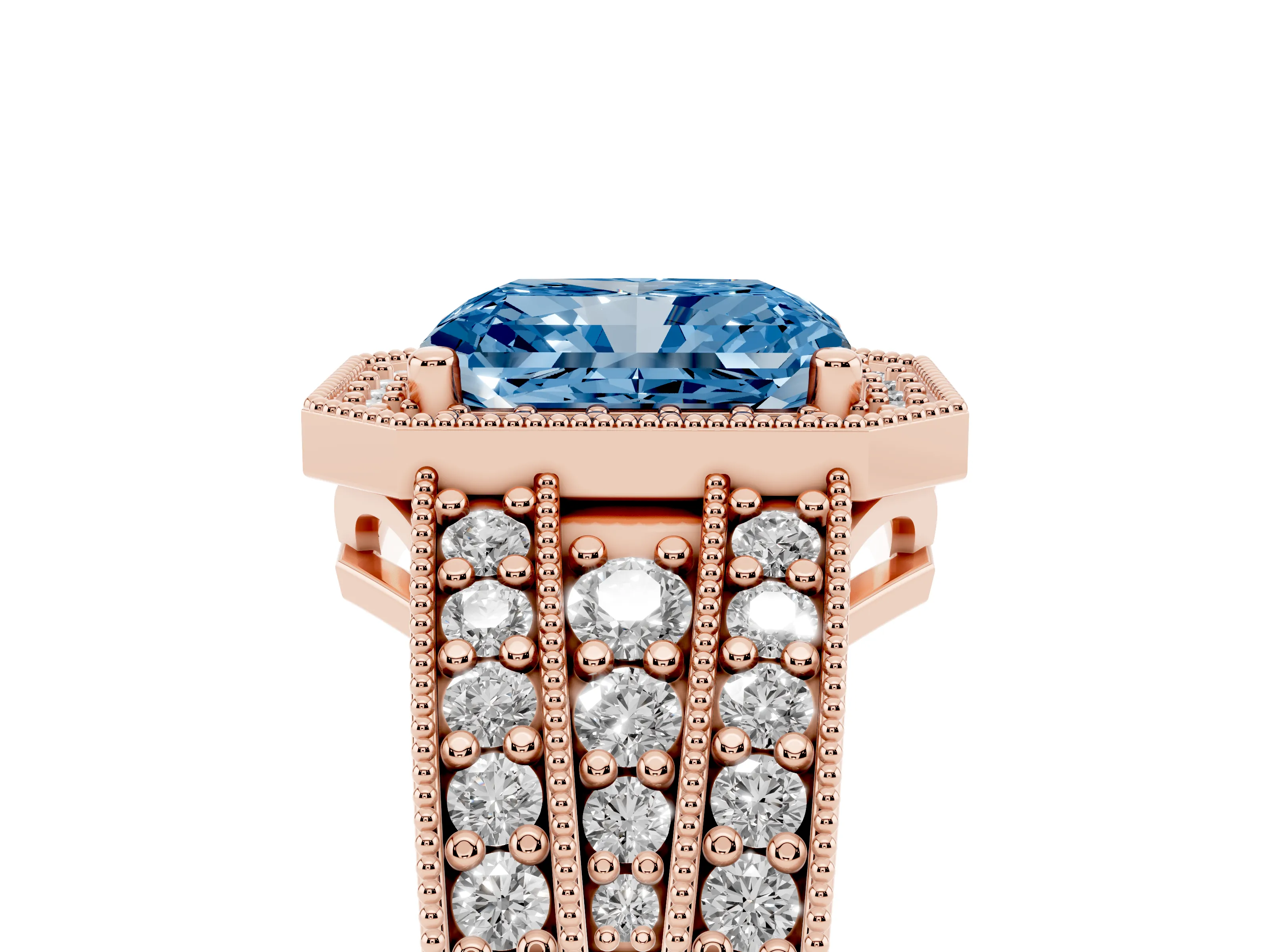Fancy Blue Radiant Cut Diamond Halo Ring Set in Rose gold with Accent Split Shank and Prong Setting